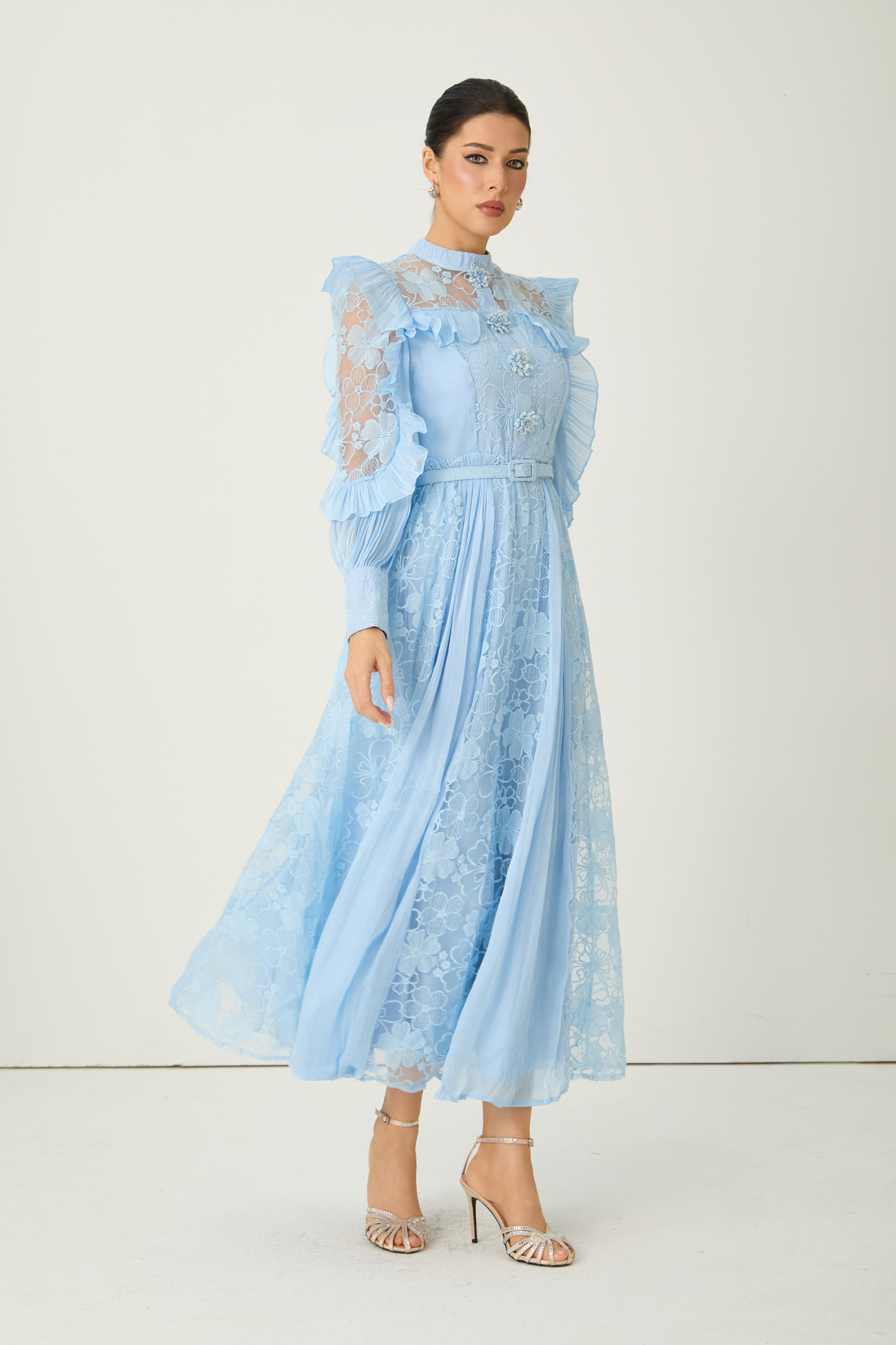 Dreamy Occasions Blue Floral Embroidered Ruffle Sleeve Maxi Dress