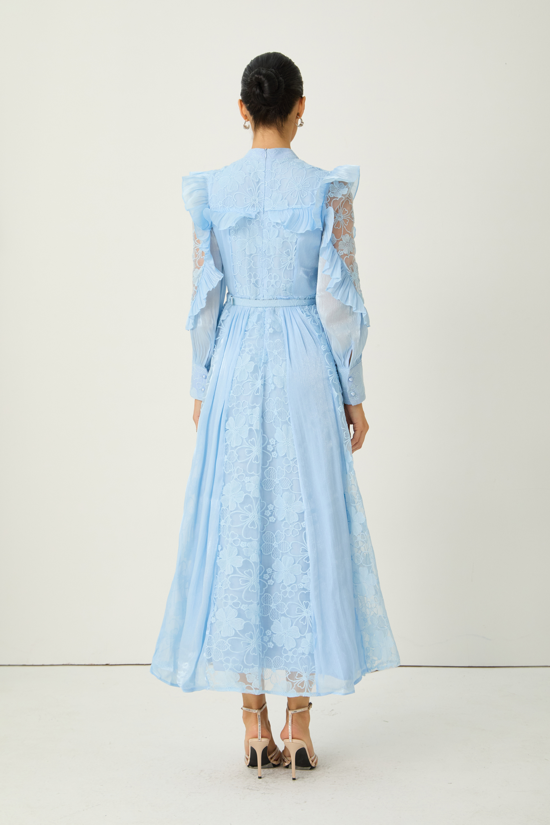 Dreamy Occasions Blue Floral Embroidered Ruffle Sleeve Maxi Dress
