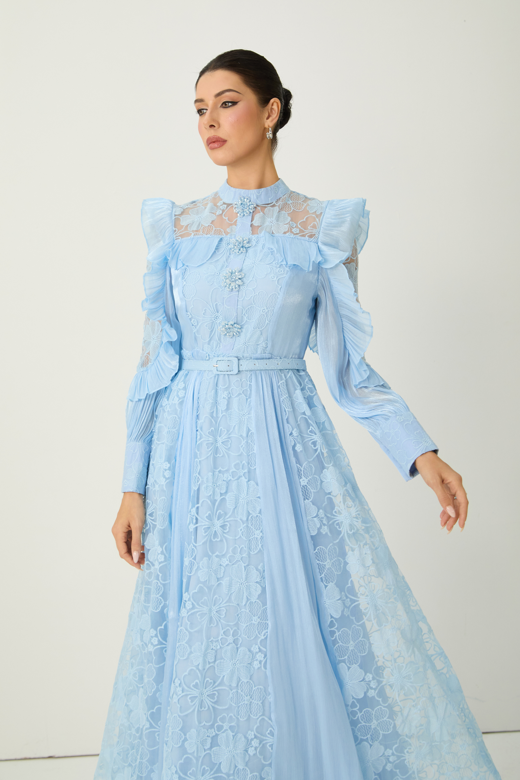 Dreamy Occasions Blue Floral Embroidered Ruffle Sleeve Maxi Dress
