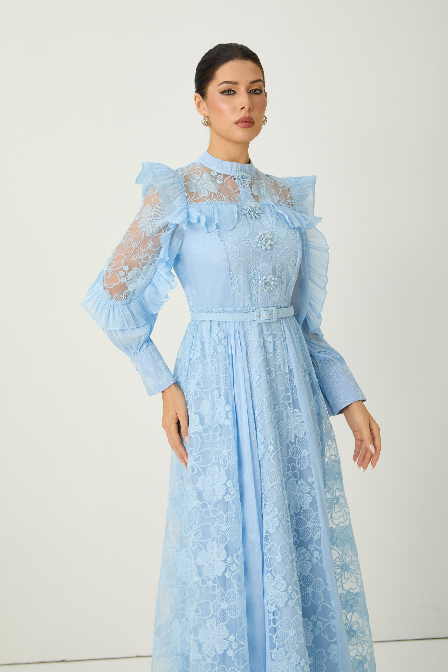 Dreamy Occasions Blue Floral Embroidered Ruffle Sleeve Maxi Dress