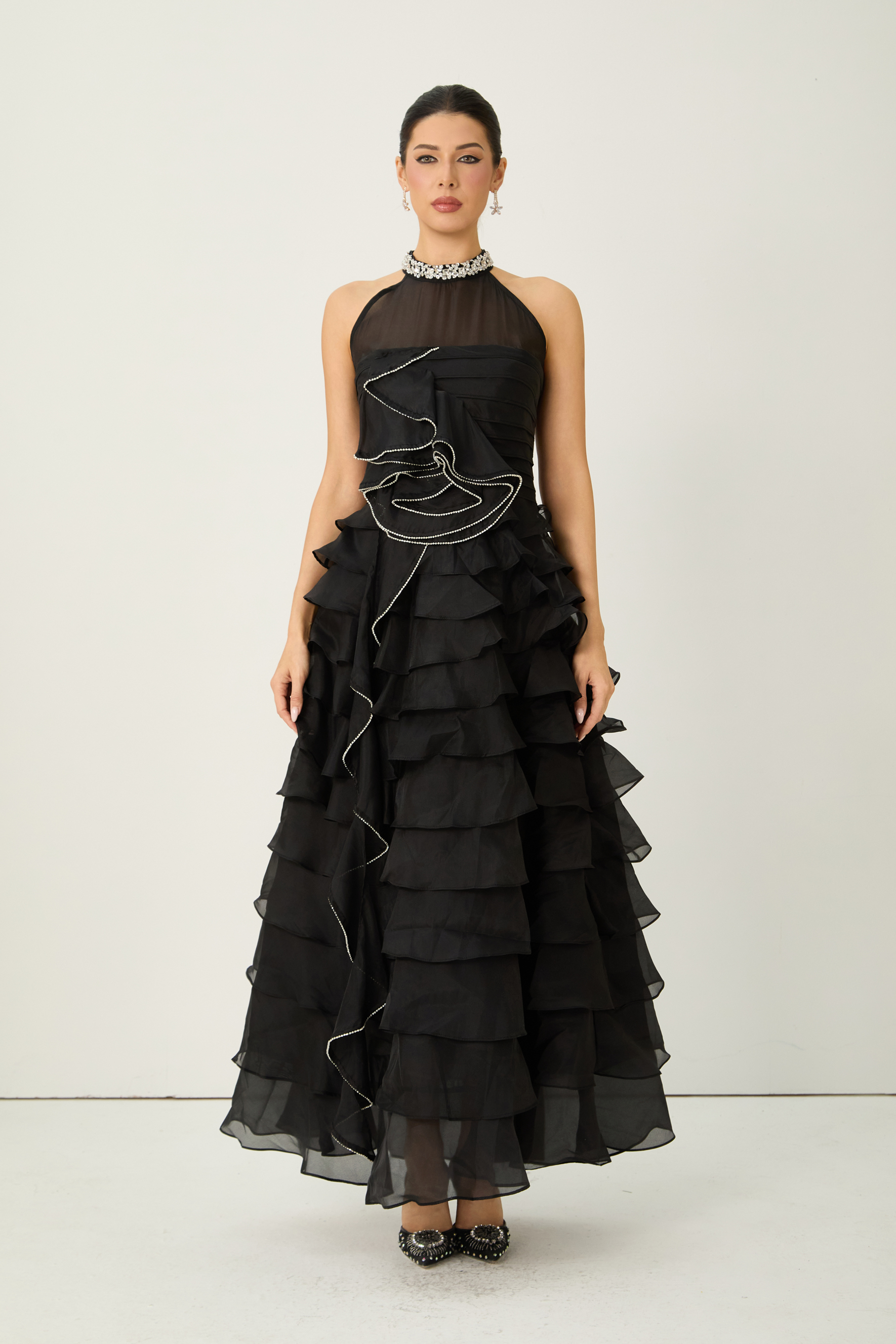 Love You So Black Embellished Tiered Ruffle Maxi Dress