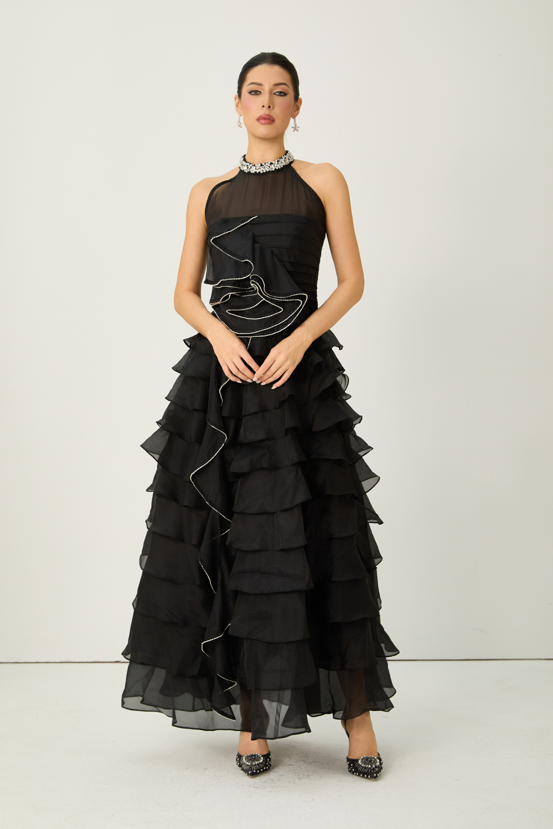 Love You So Black Embellished Tiered Ruffle Maxi Dress