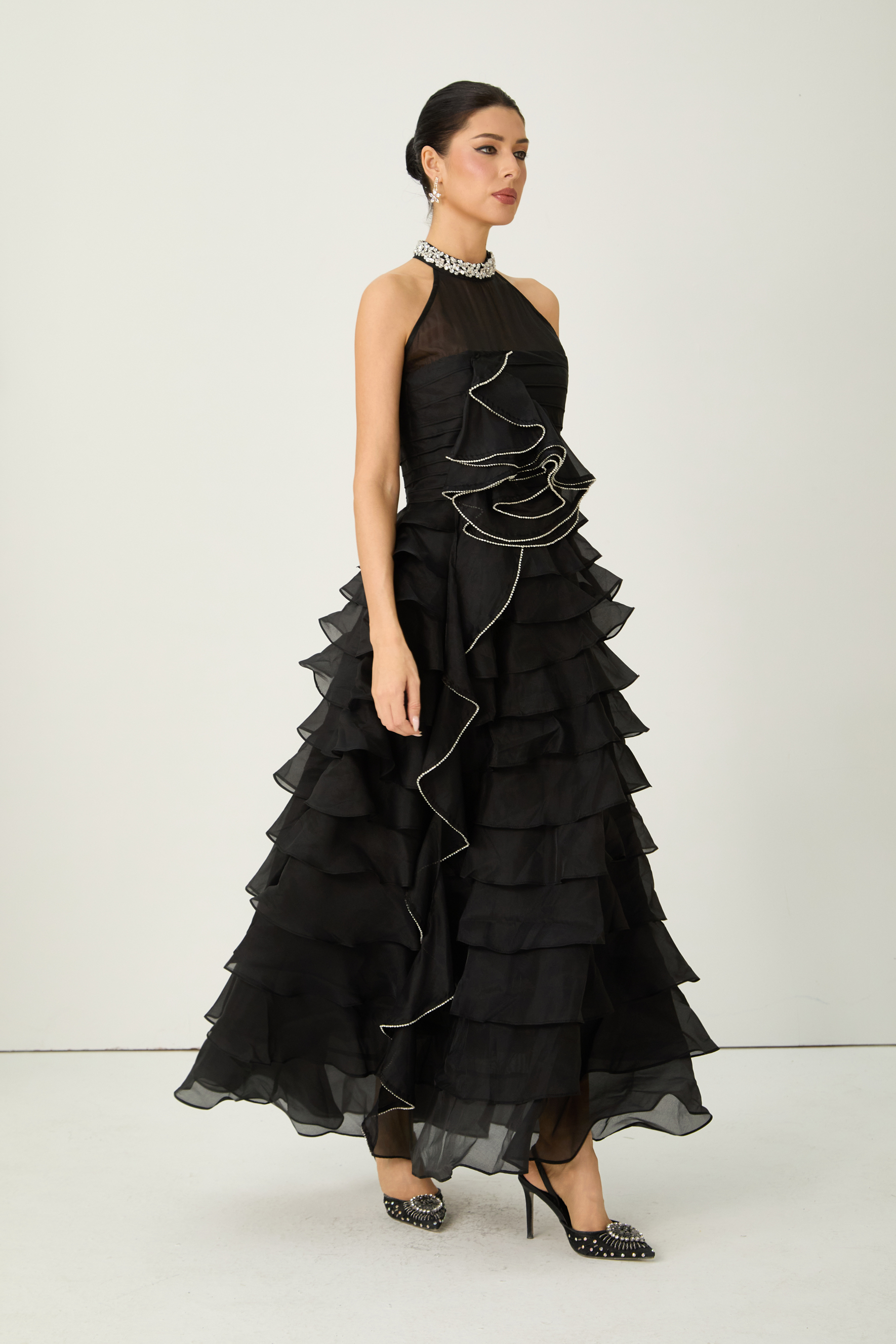 Love You So Black Embellished Tiered Ruffle Maxi Dress