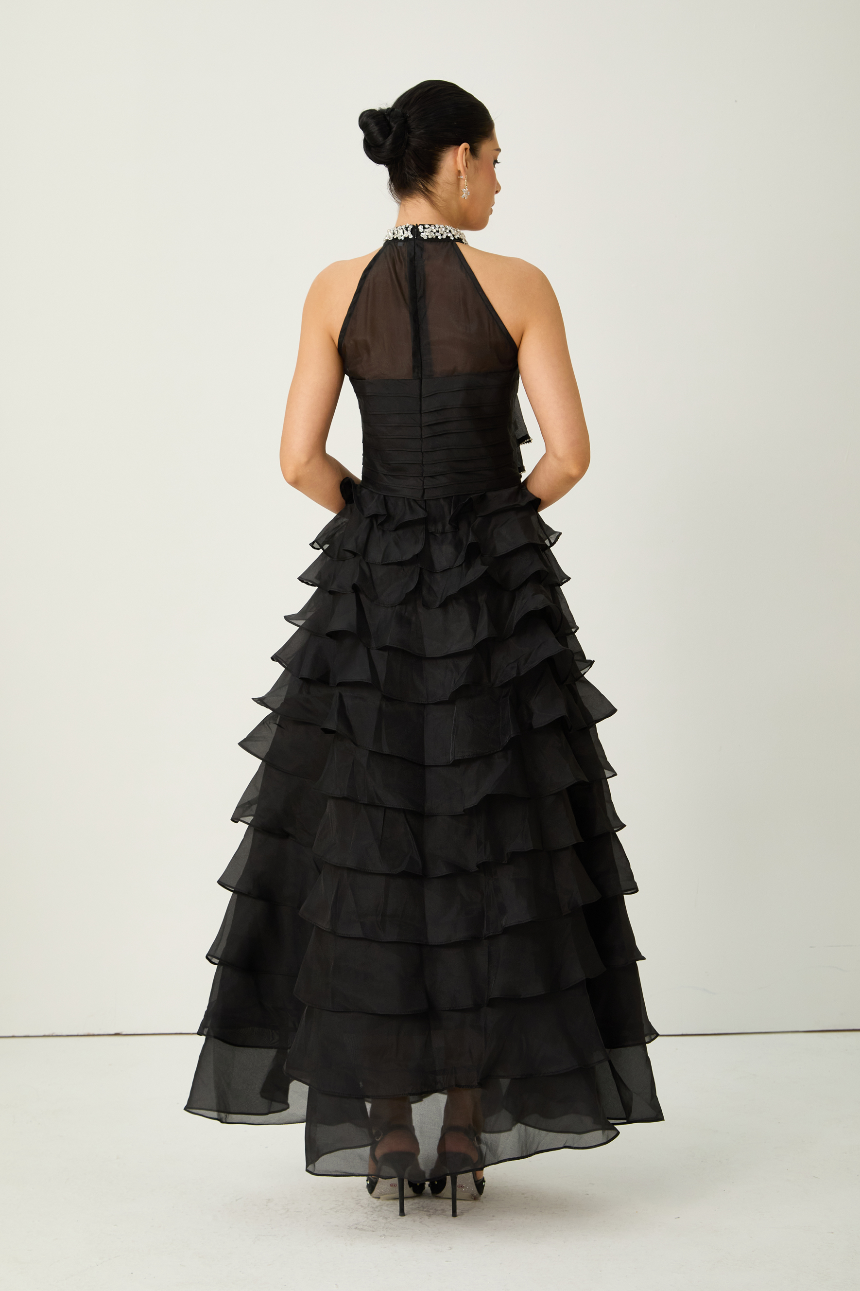 Love You So Black Embellished Tiered Ruffle Maxi Dress