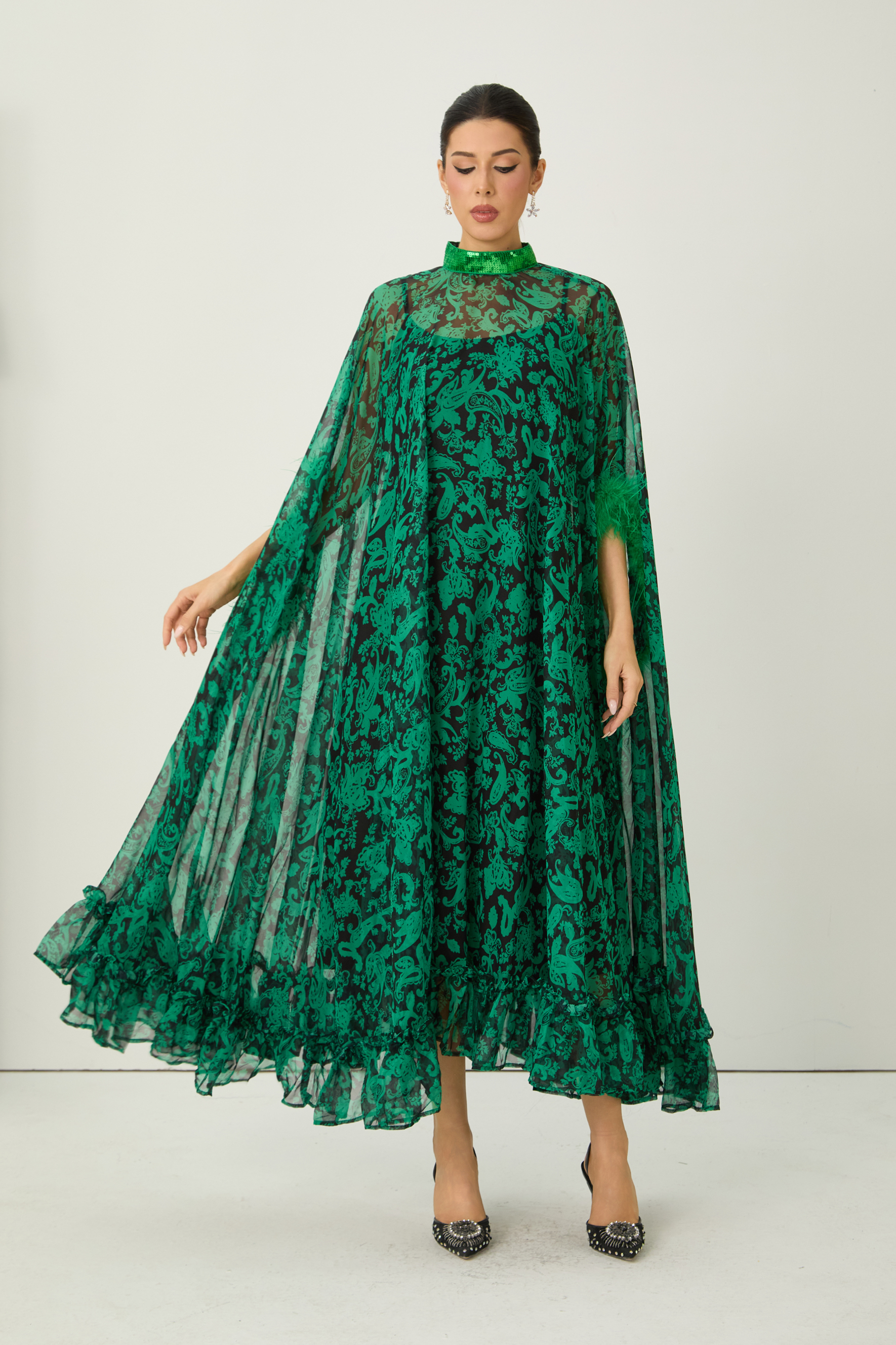 Real Allure Green Paisley Print Feather Trim Maxi Dress