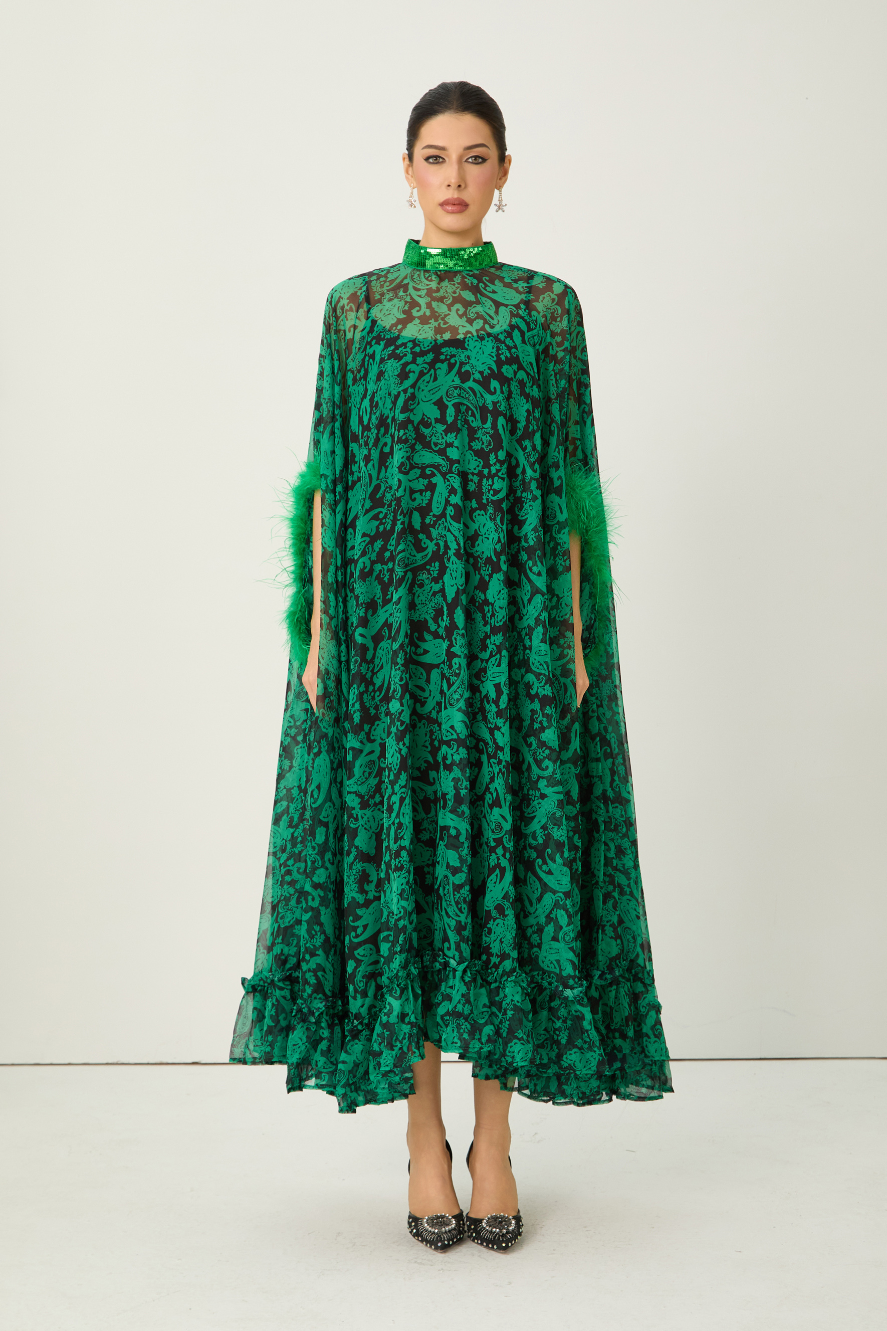 Real Allure Green Paisley Print Feather Trim Maxi Dress