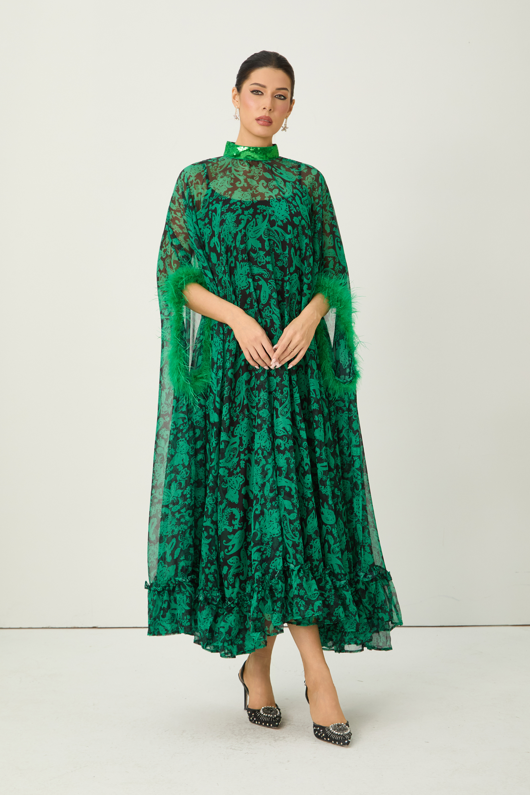 Real Allure Green Paisley Print Feather Trim Maxi Dress