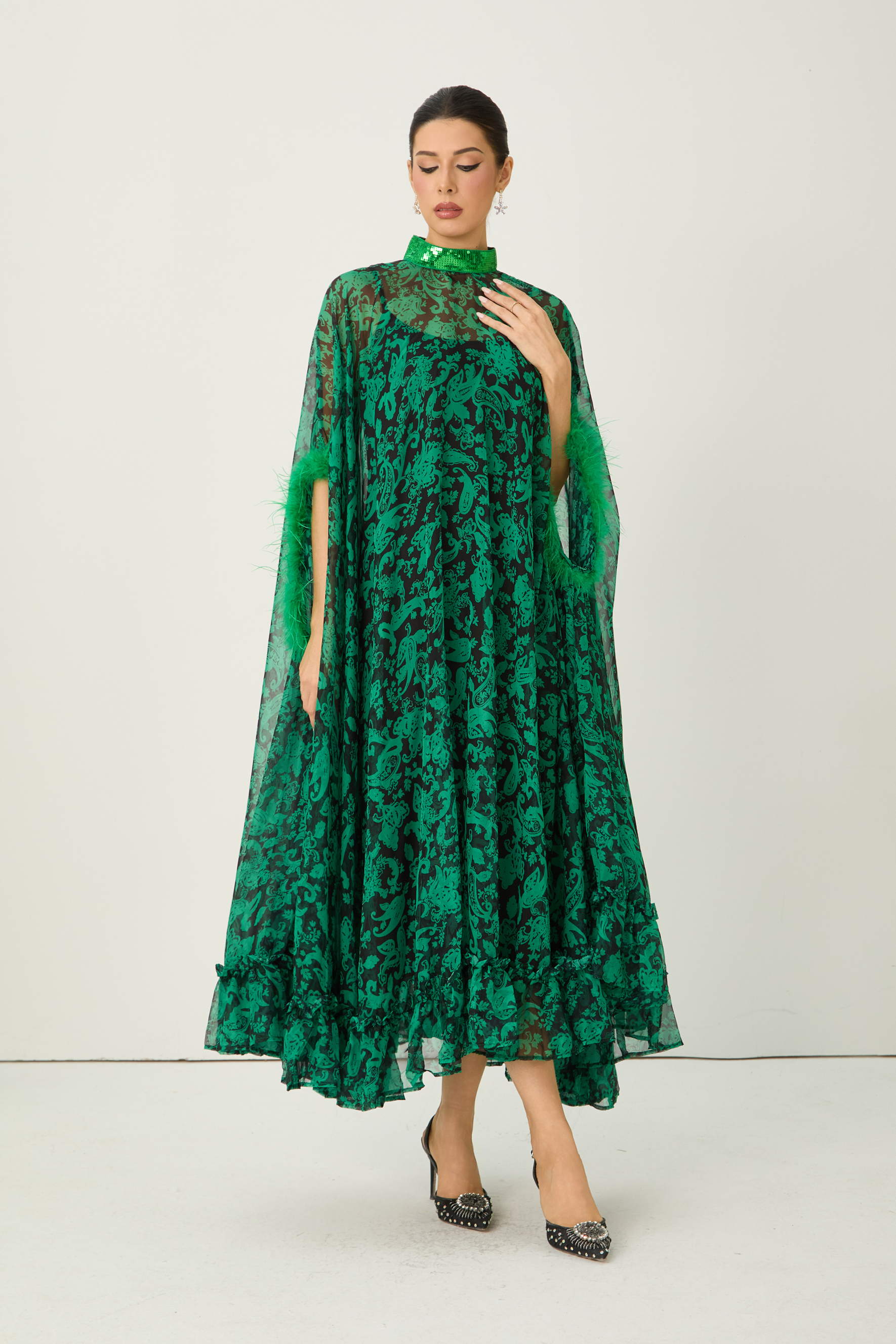 Real Allure Green Paisley Print Feather Trim Maxi Dress