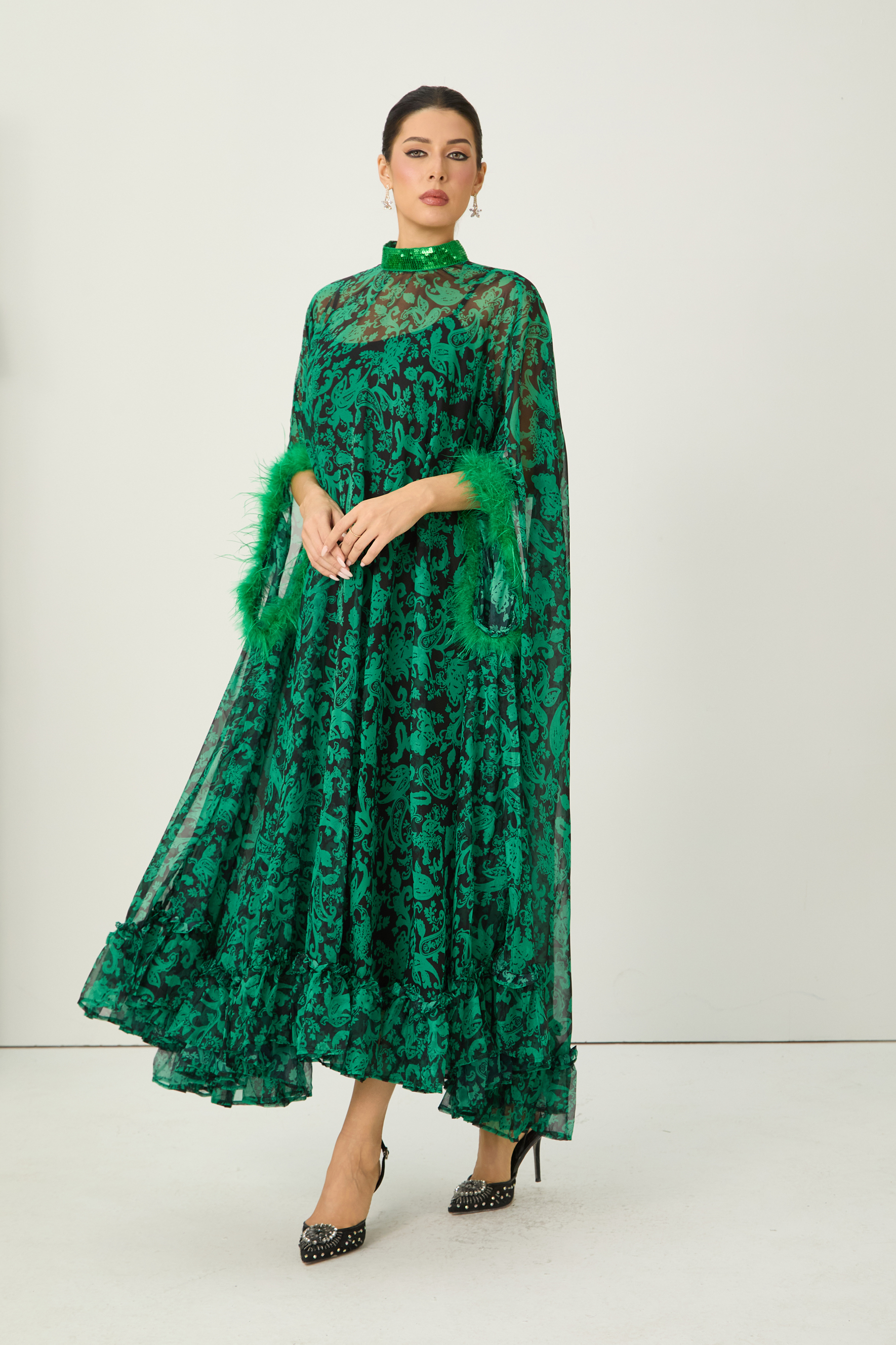 Real Allure Green Paisley Print Feather Trim Maxi Dress