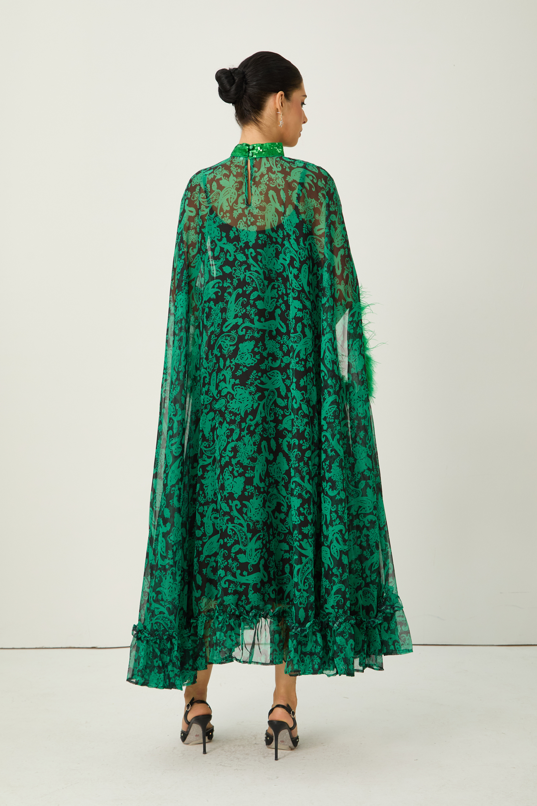 Real Allure Green Paisley Print Feather Trim Maxi Dress