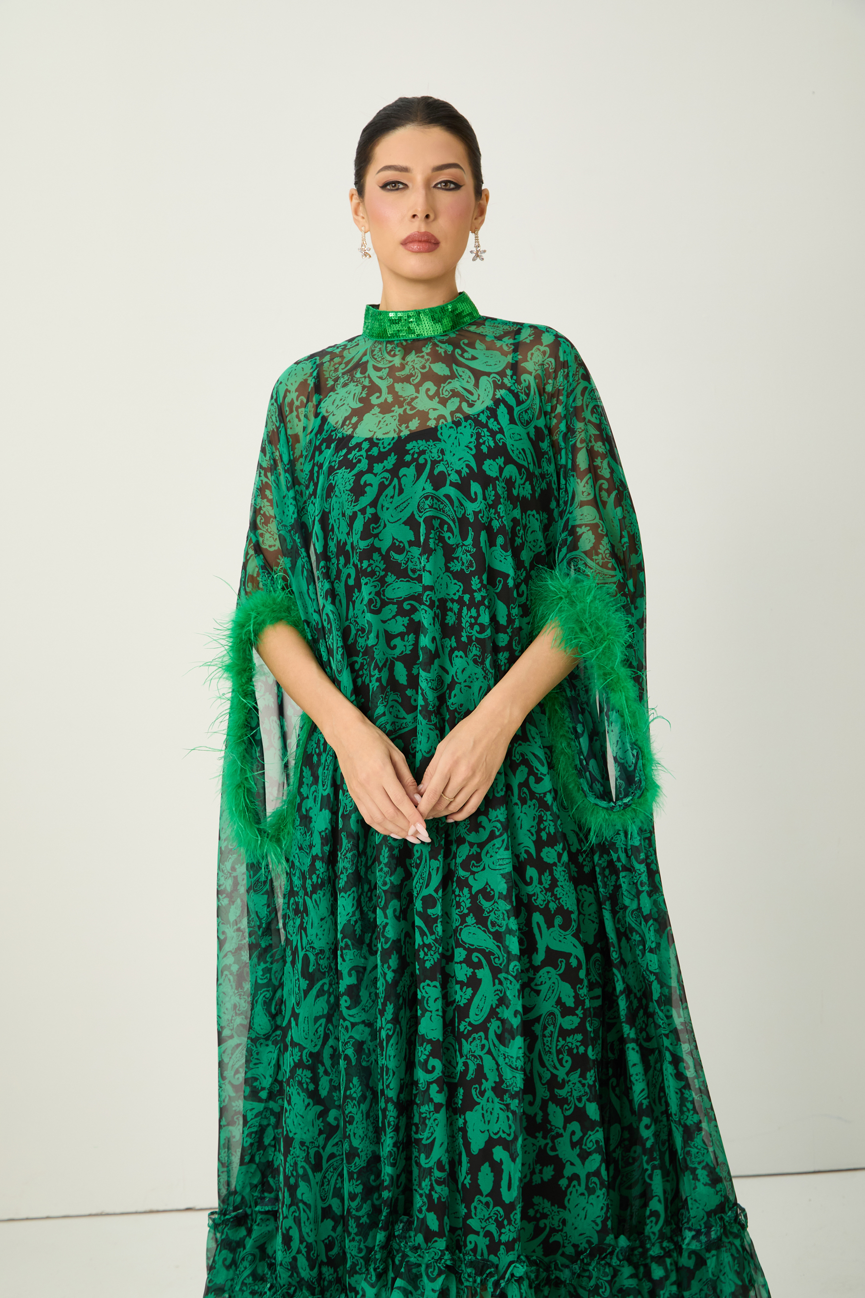 Real Allure Green Paisley Print Feather Trim Maxi Dress