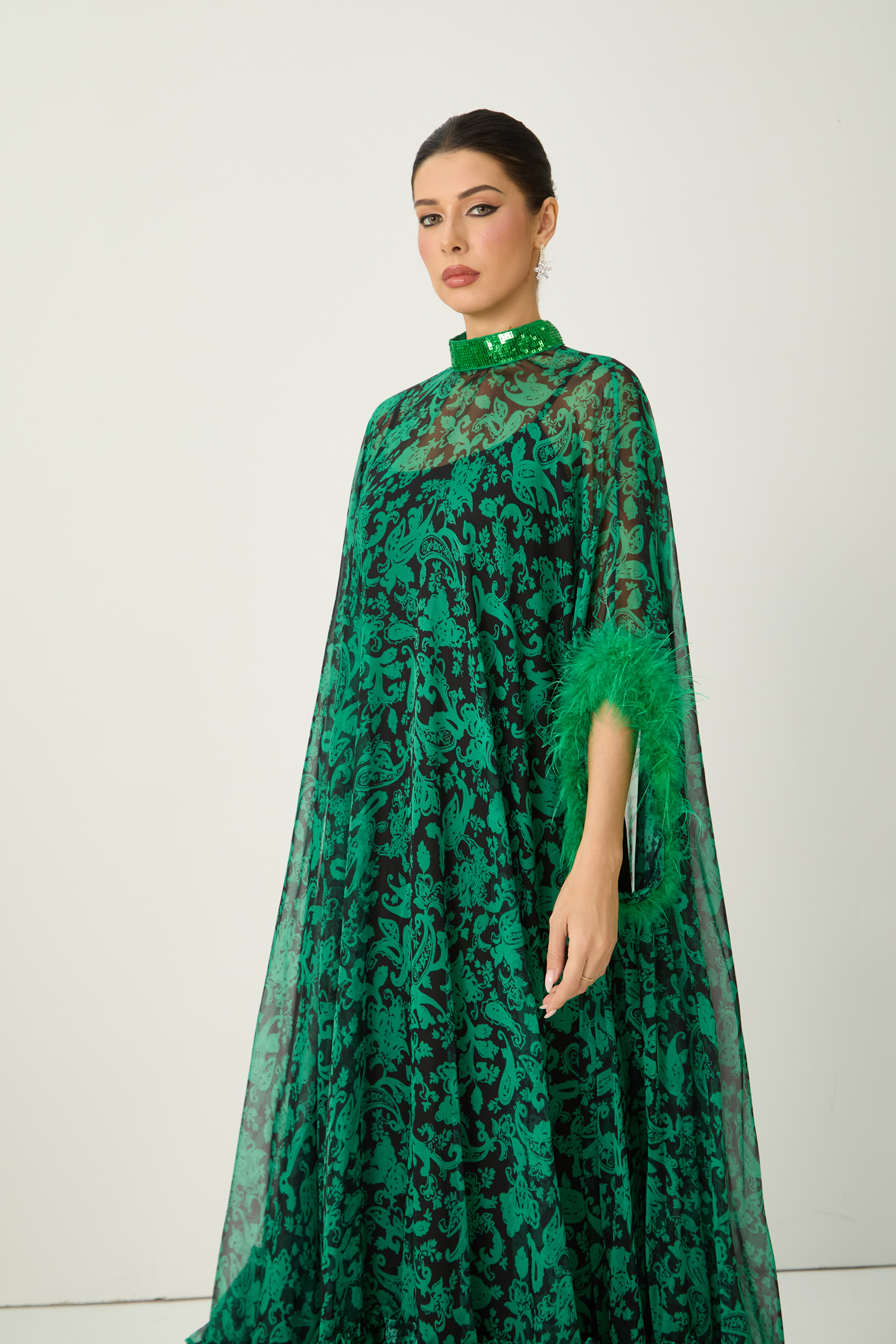 Real Allure Green Paisley Print Feather Trim Maxi Dress