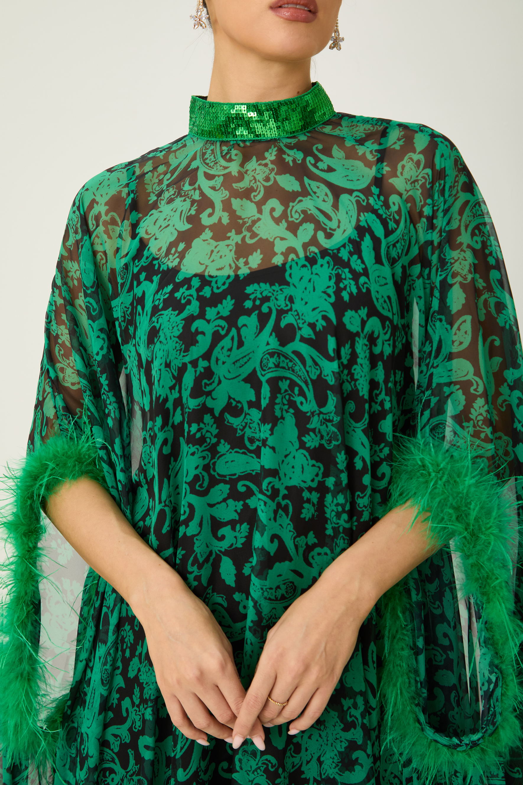 Real Allure Green Paisley Print Feather Trim Maxi Dress