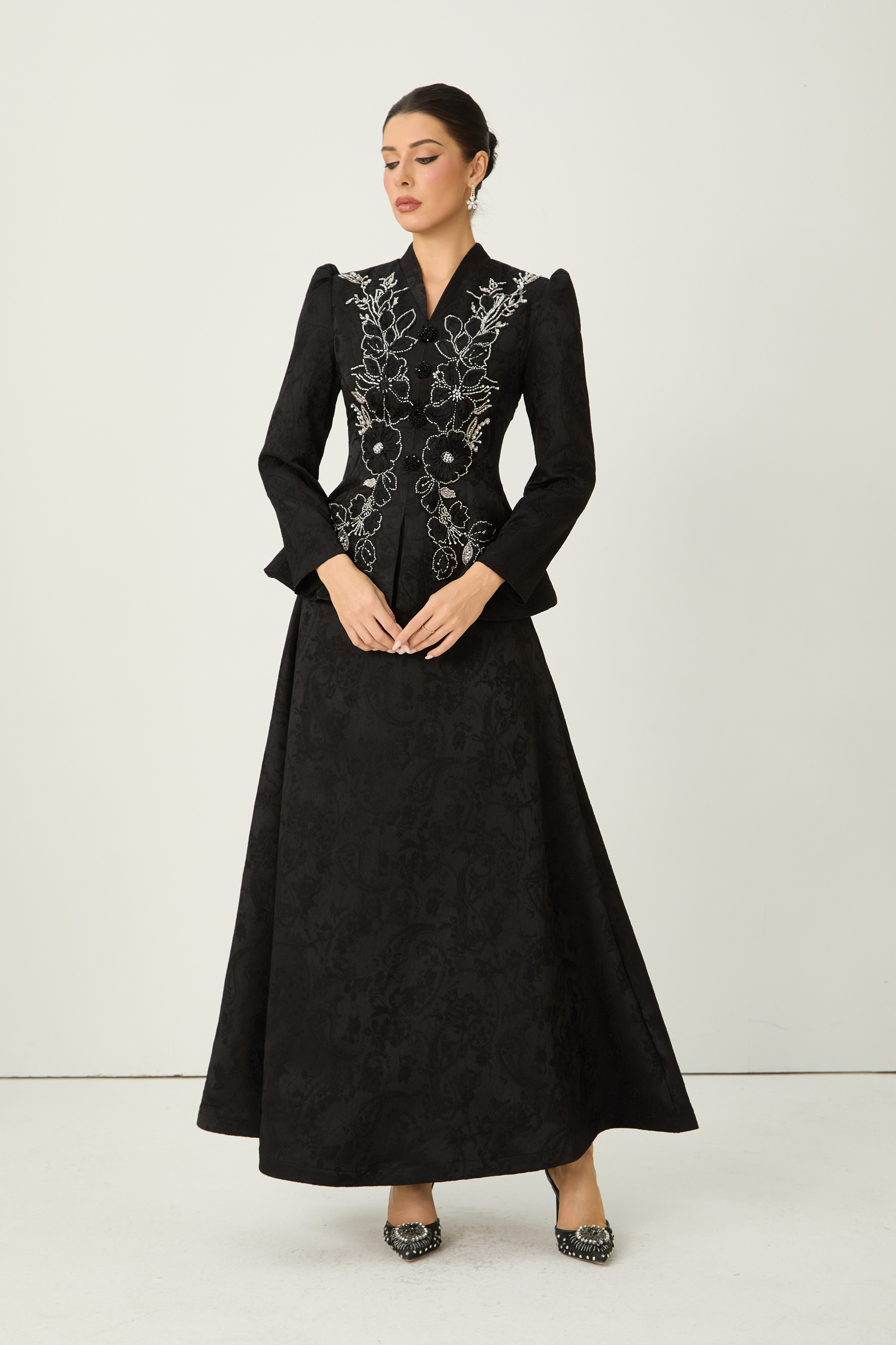 Exclusive Guest List Black Floral Embroidered Blazer & Maxi Skirt Set