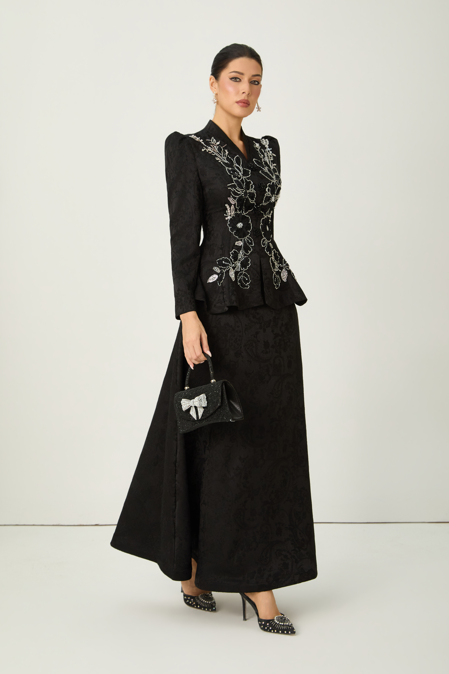 Exclusive Guest List Black Floral Embroidered Blazer & Maxi Skirt Set