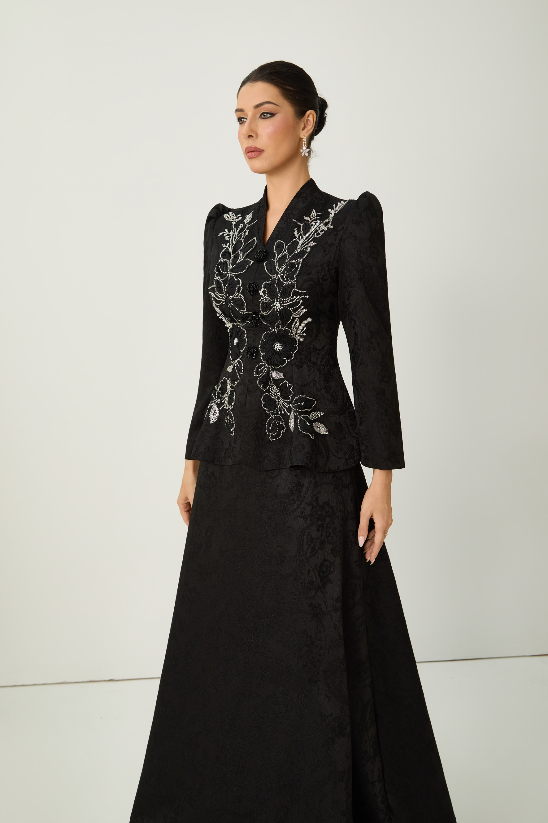 Exclusive Guest List Black Floral Embroidered Blazer & Maxi Skirt Set