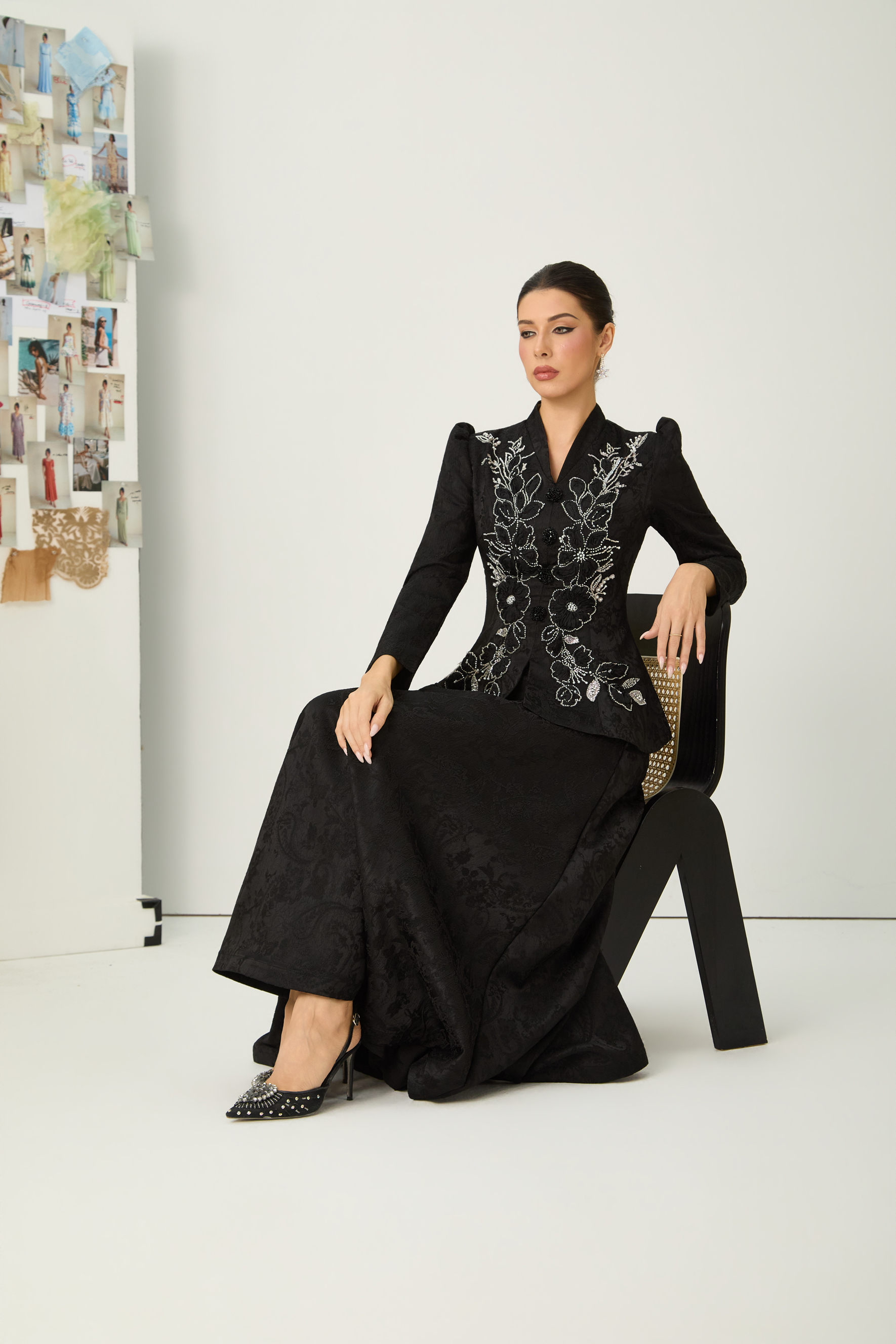 Exclusive Guest List Black Floral Embroidered Blazer & Maxi Skirt Set