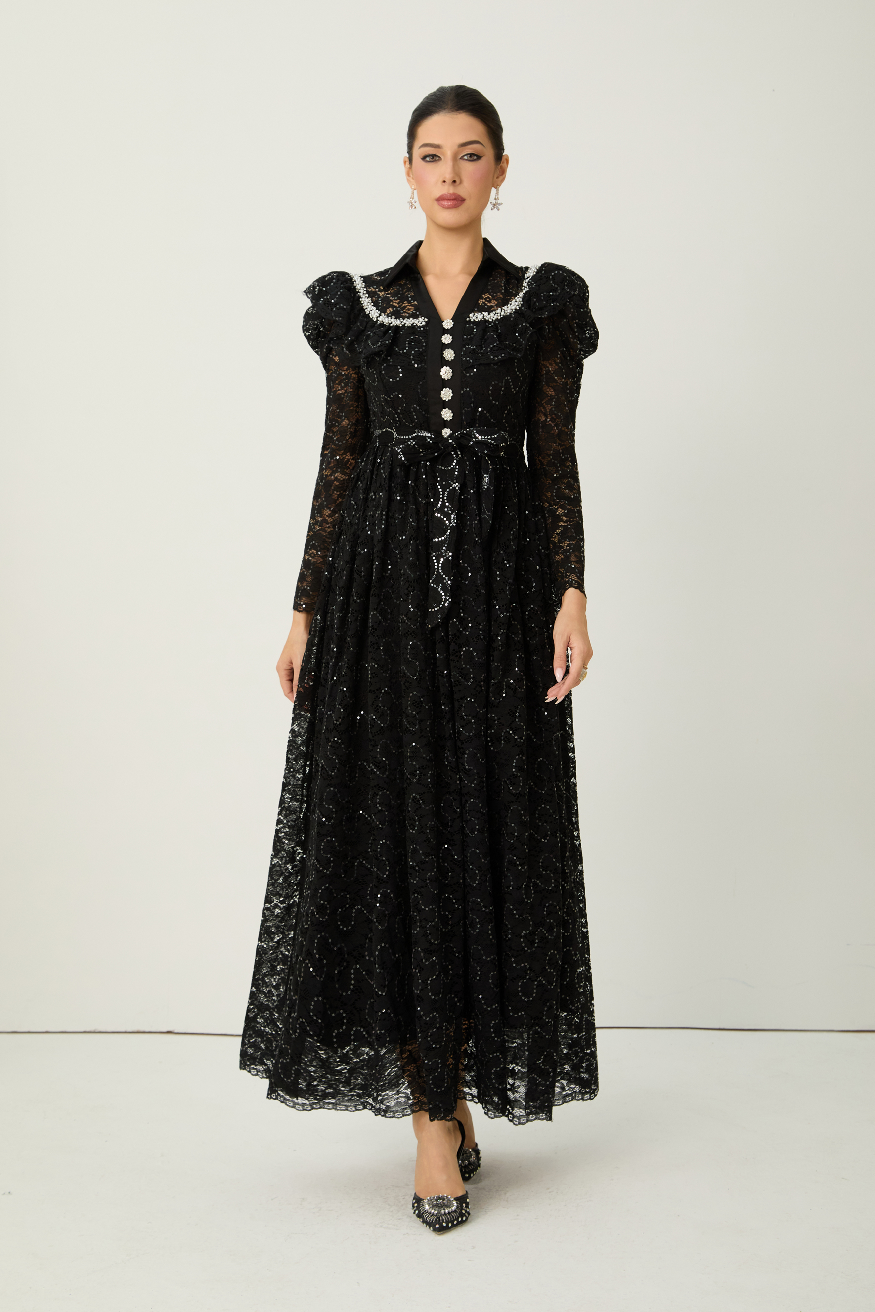 Illustrious Glow Black Sequin Lace Puff Sleeve Maxi Dress
