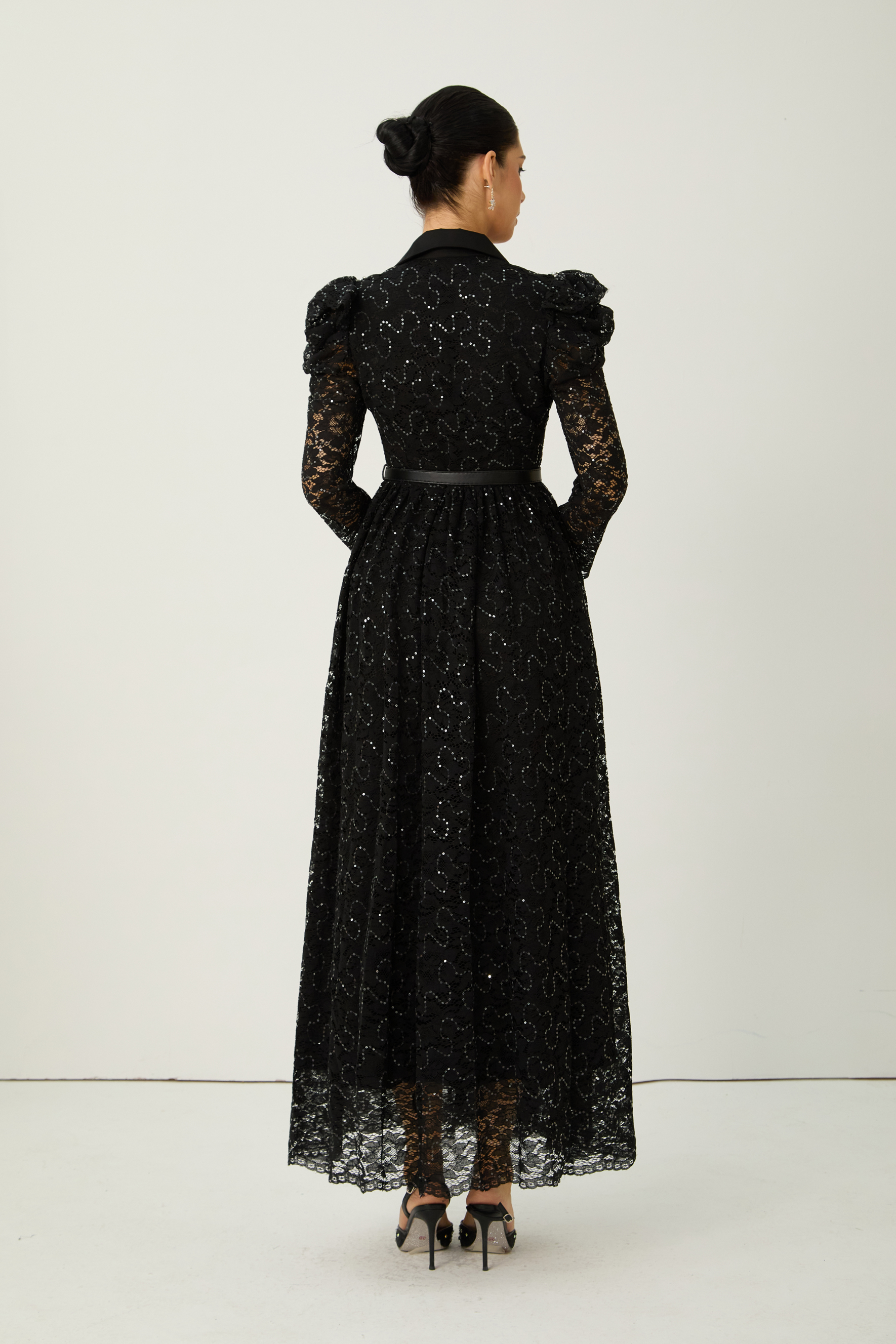 Illustrious Glow Black Sequin Lace Puff Sleeve Maxi Dress