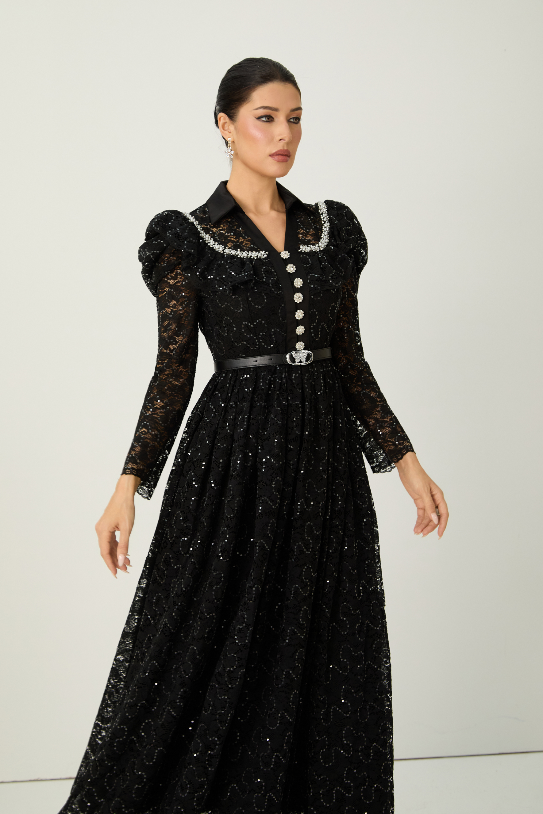 Illustrious Glow Black Sequin Lace Puff Sleeve Maxi Dress