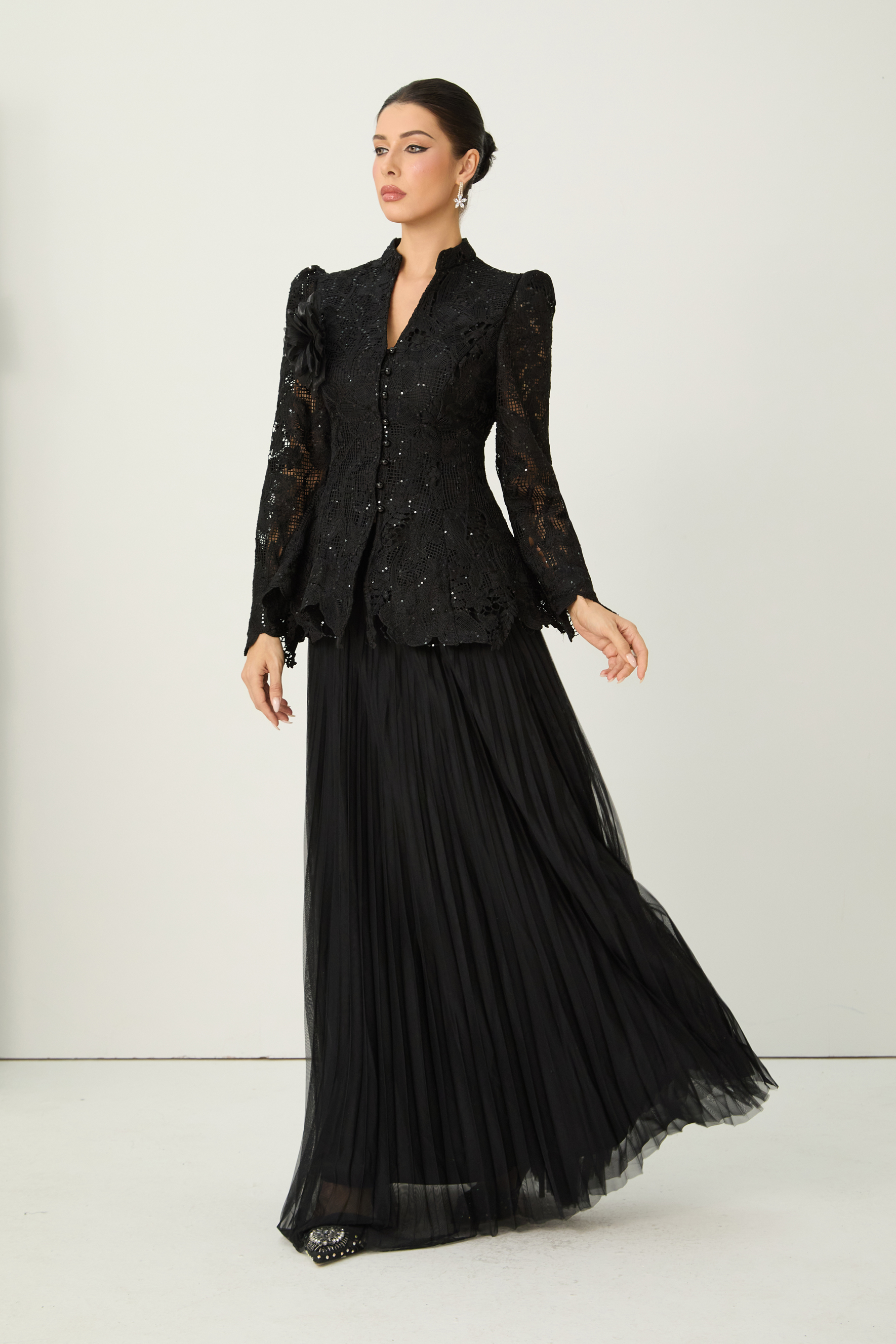 Adoring Me Black Lace Flower Top & Pleated Skirt Set