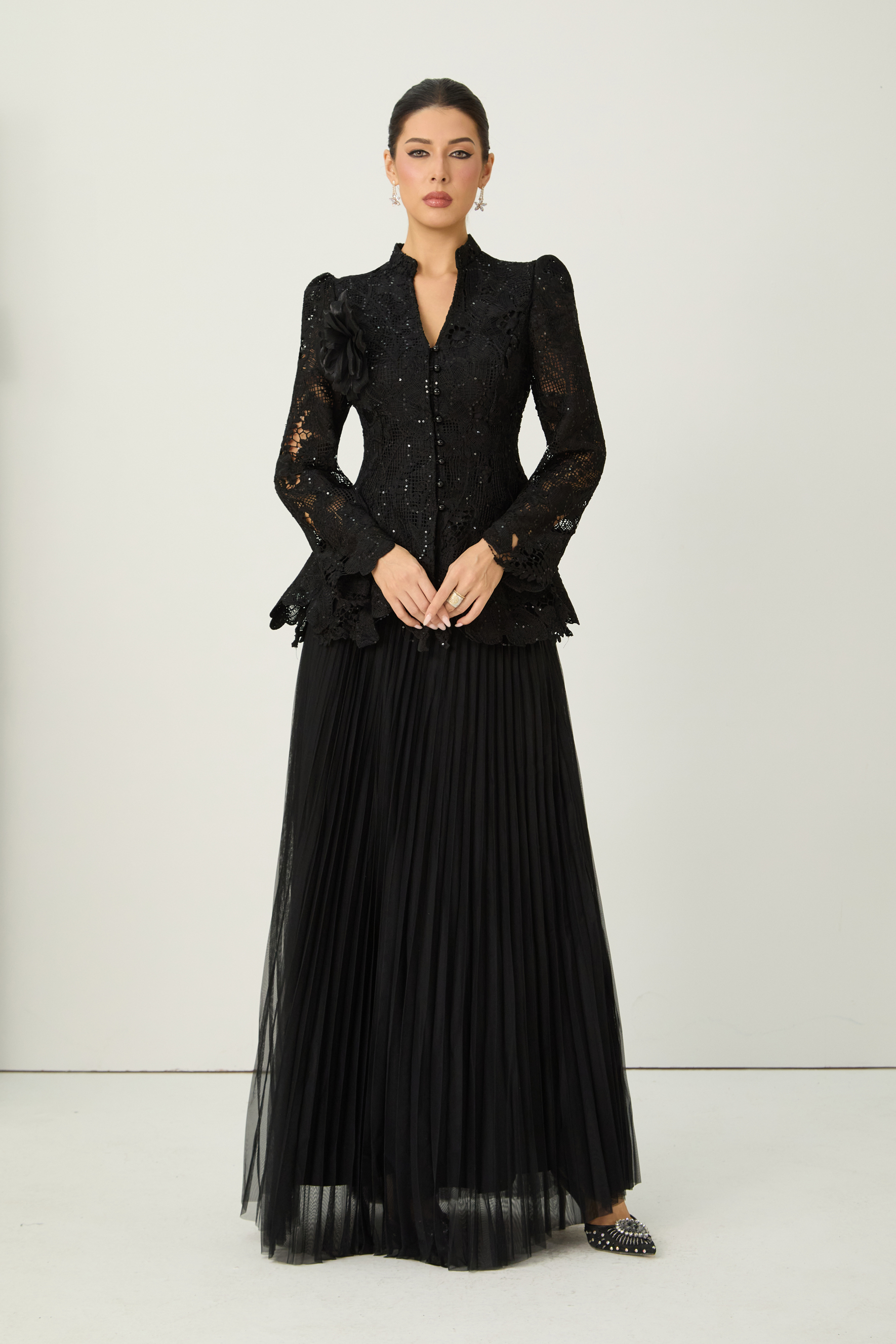 Adoring Me Black Lace Flower Top & Pleated Skirt Set