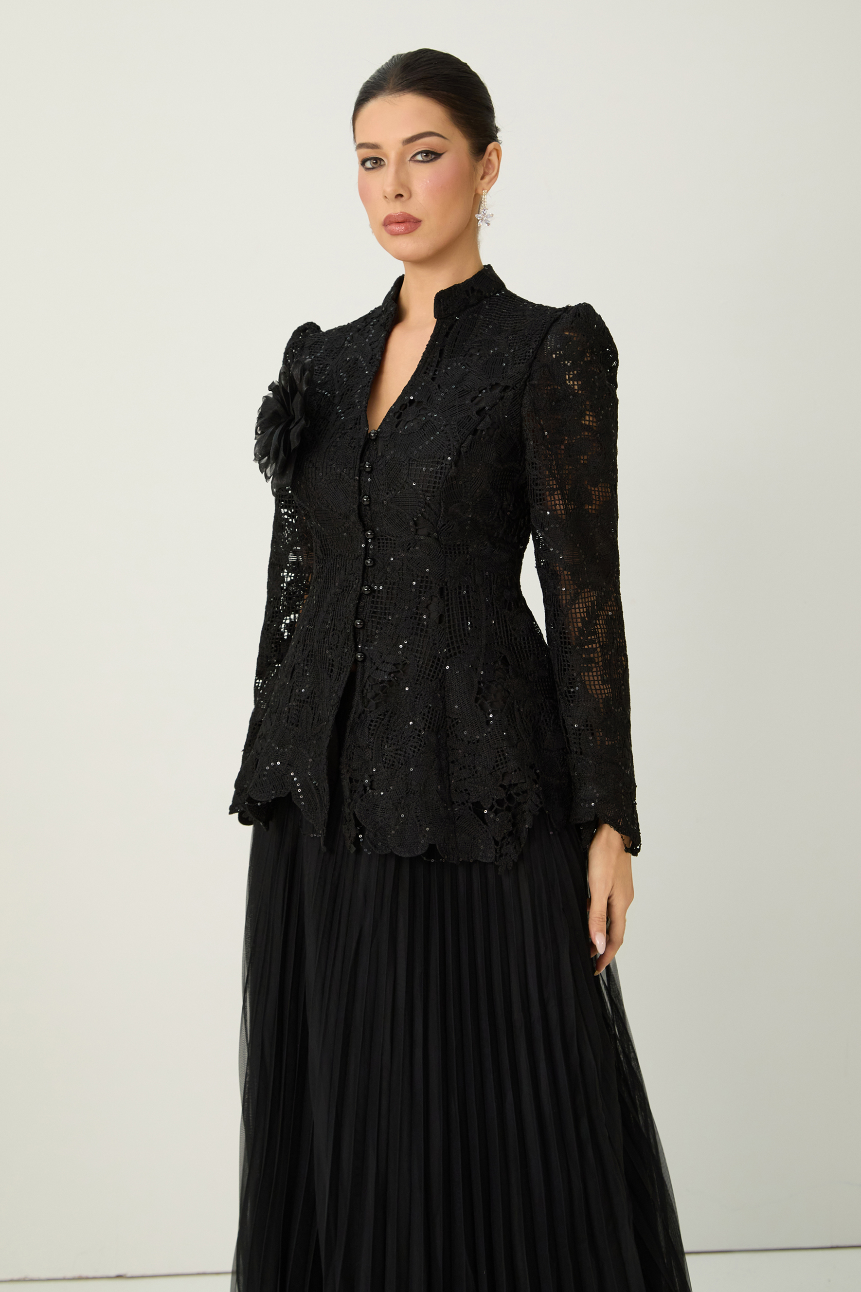 Adoring Me Black Lace Flower Top & Pleated Skirt Set