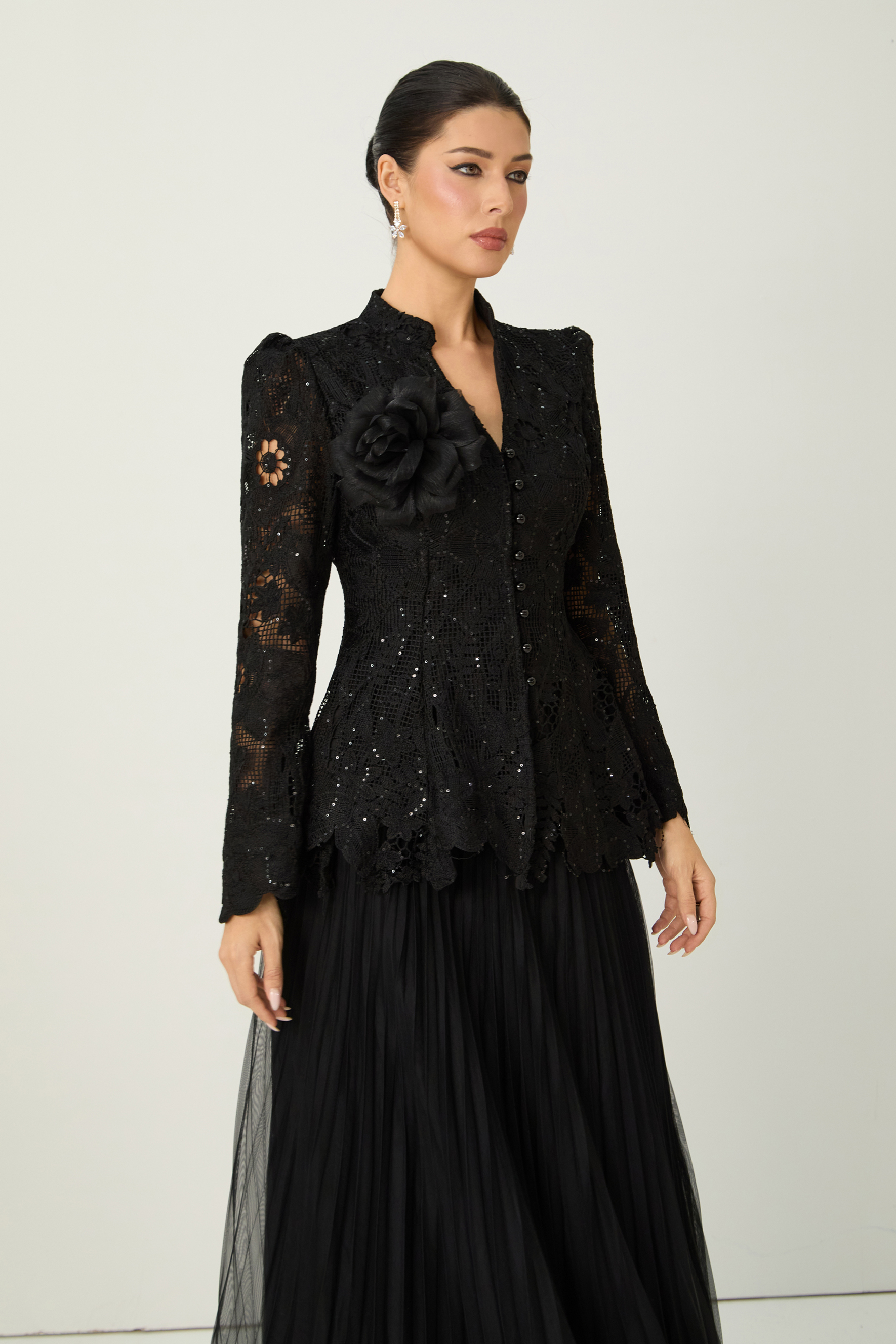 Adoring Me Black Lace Flower Top & Pleated Skirt Set