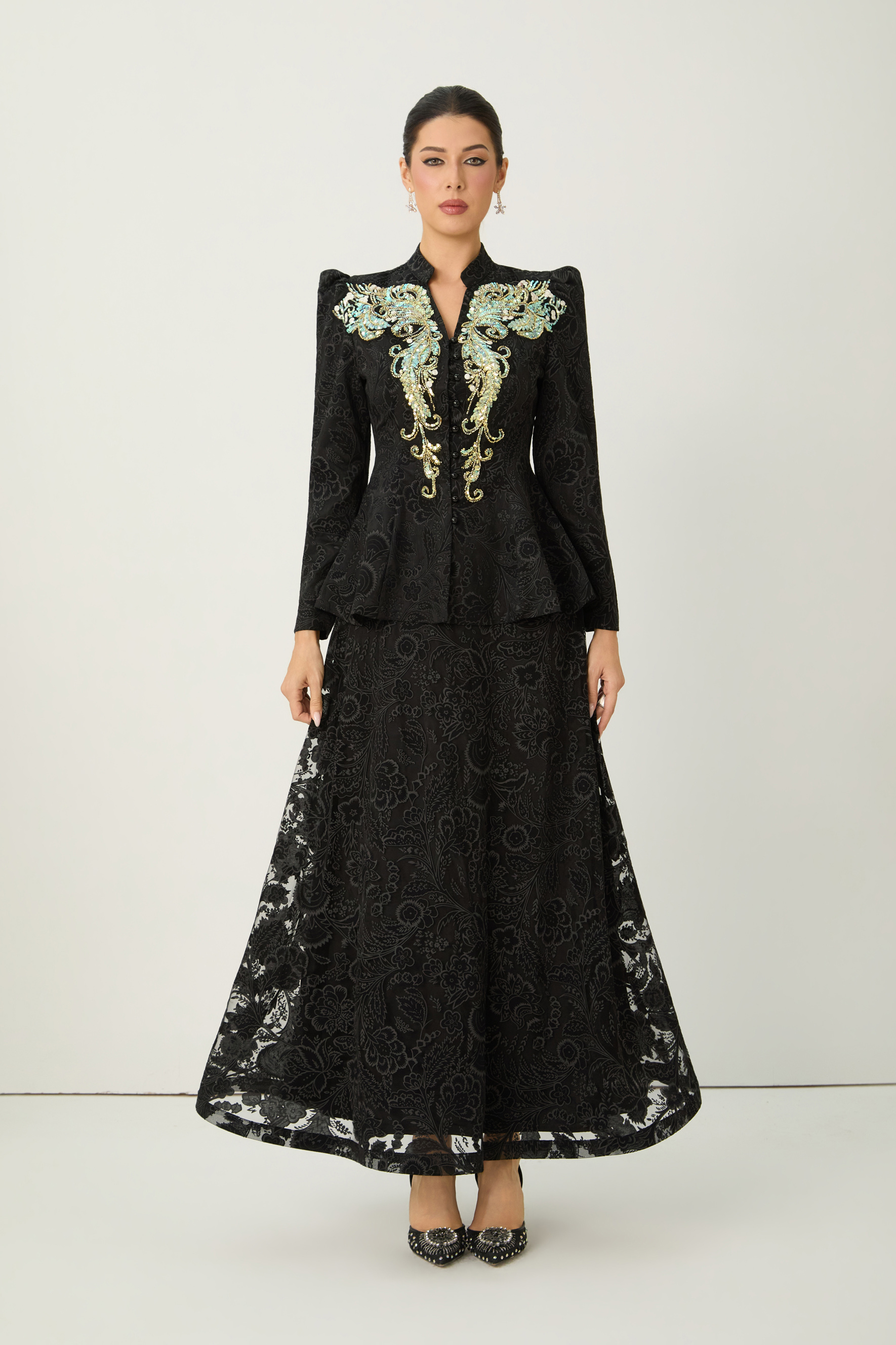 Found Your Love Black Sequin Embellished Jacket & Floral Lace Skirt Set