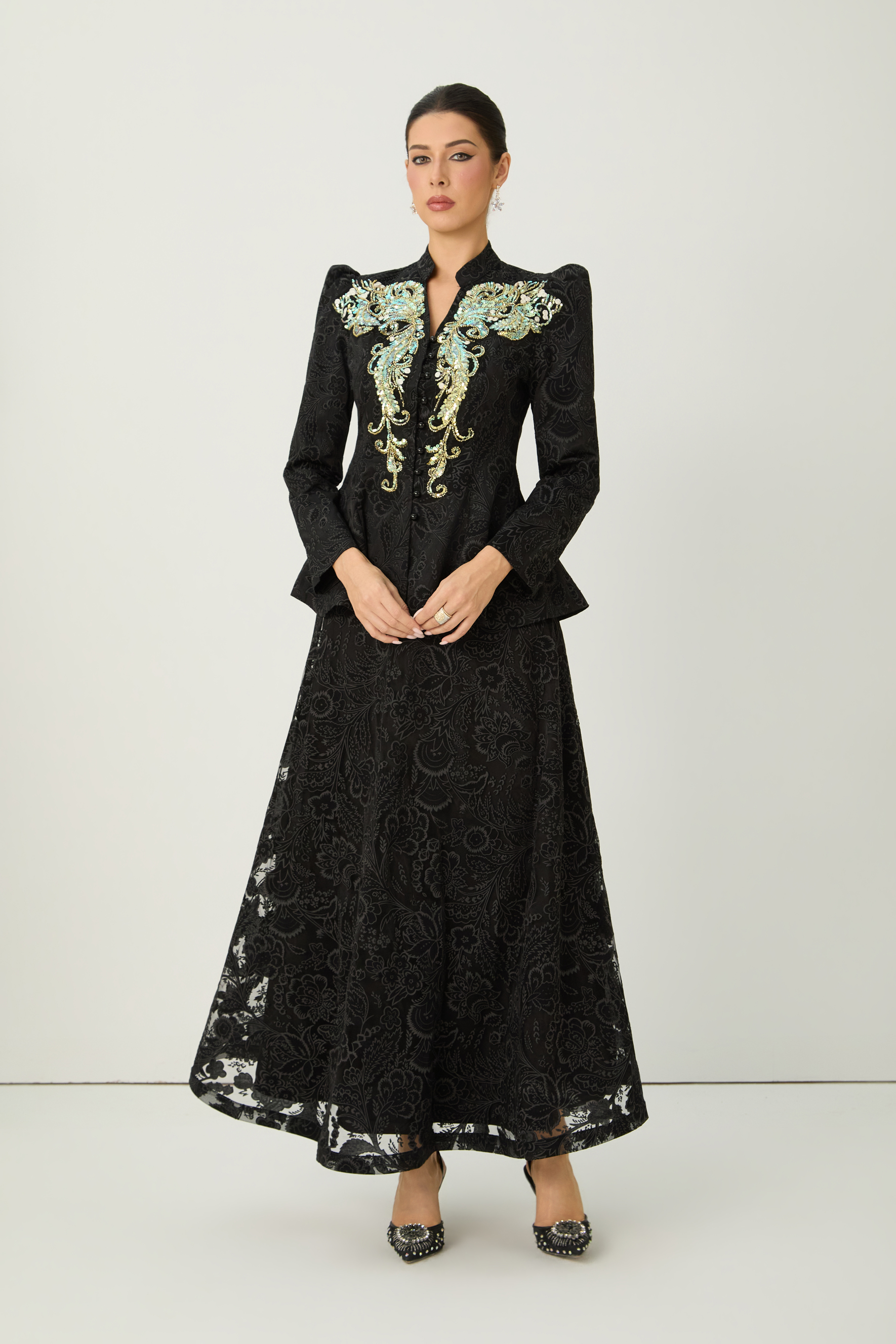 Found Your Love Black Sequin Embellished Jacket & Floral Lace Skirt Set