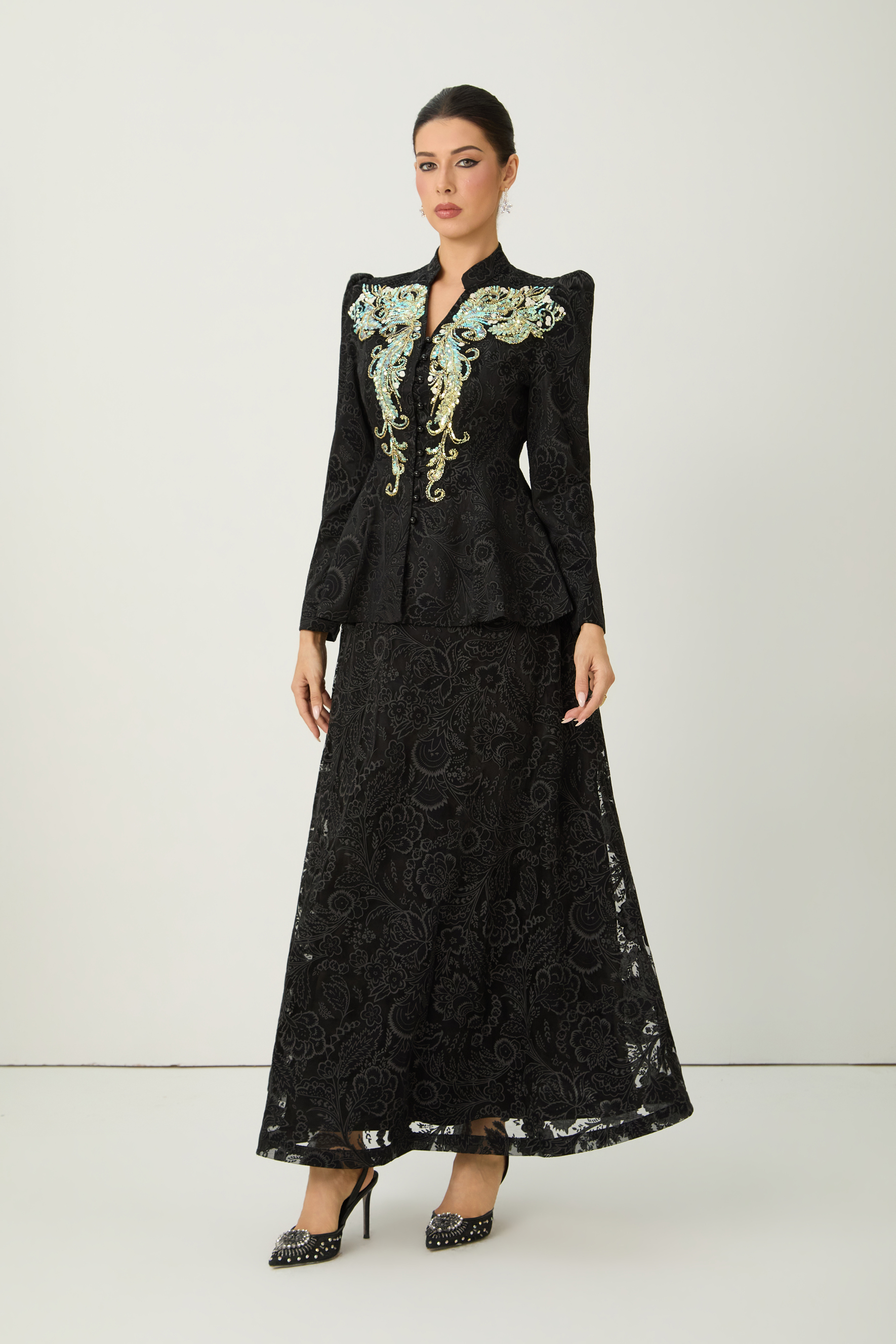 Found Your Love Black Sequin Embellished Jacket & Floral Lace Skirt Set