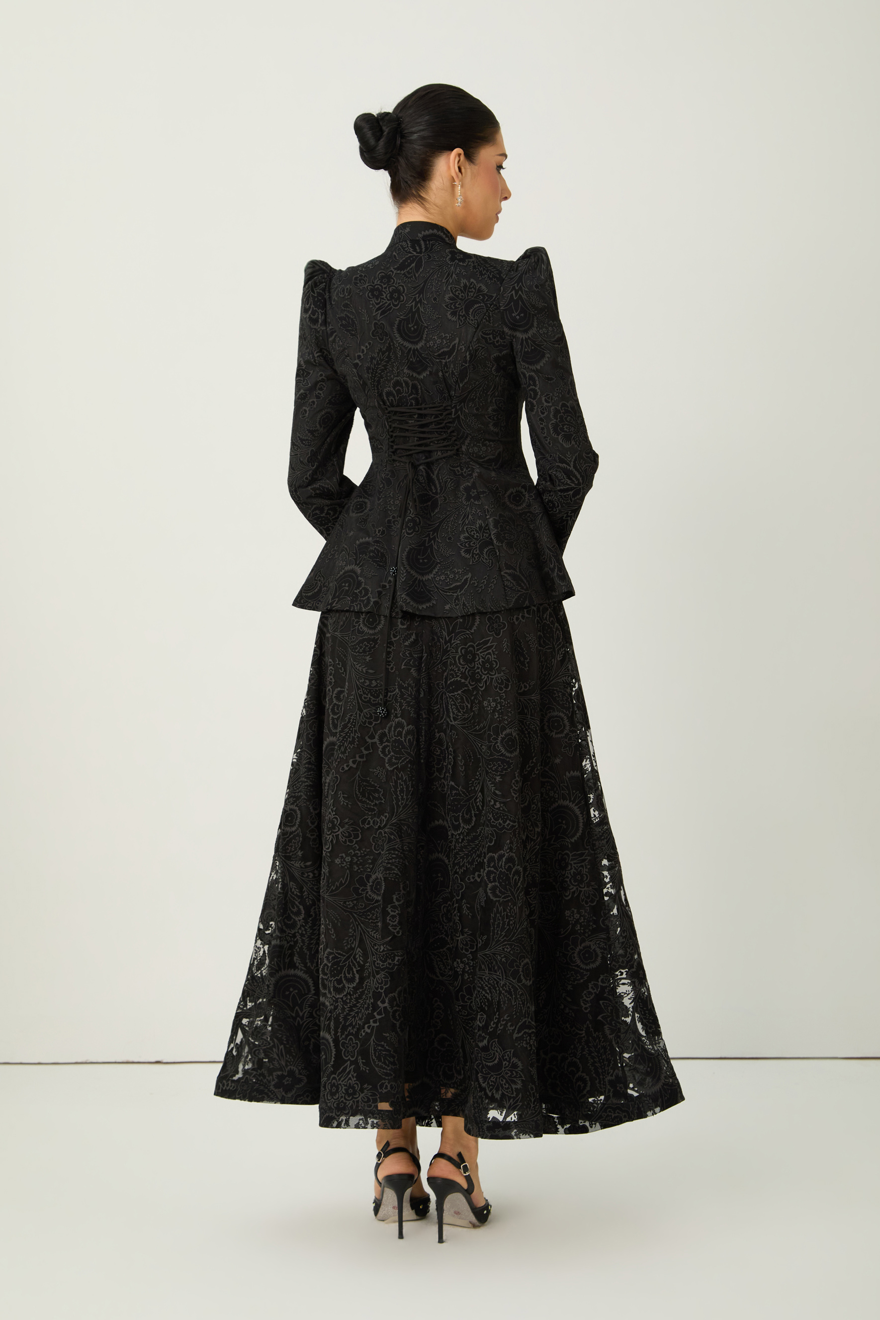 Found Your Love Black Sequin Embellished Jacket & Floral Lace Skirt Set