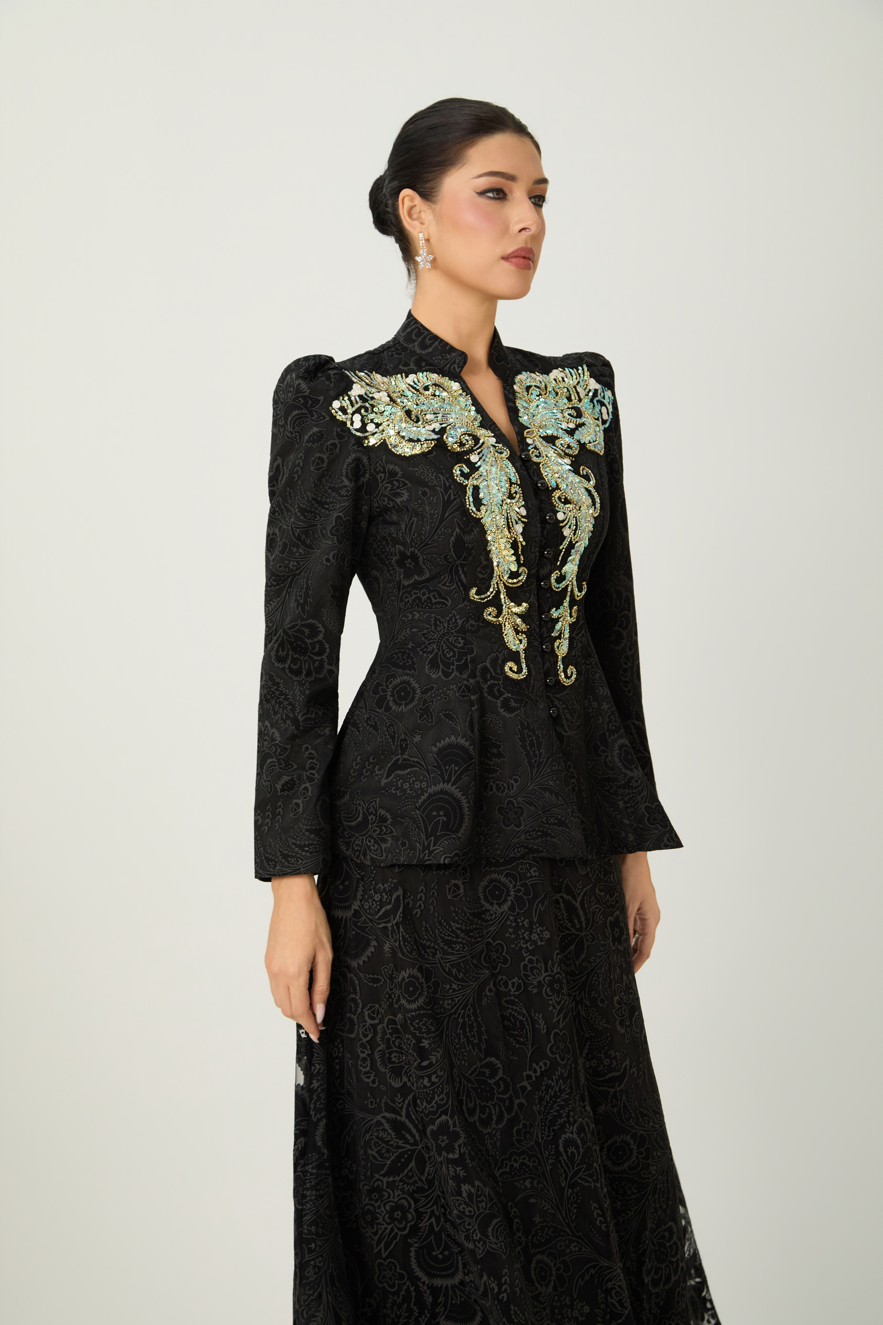 Found Your Love Black Sequin Embellished Jacket & Floral Lace Skirt Set