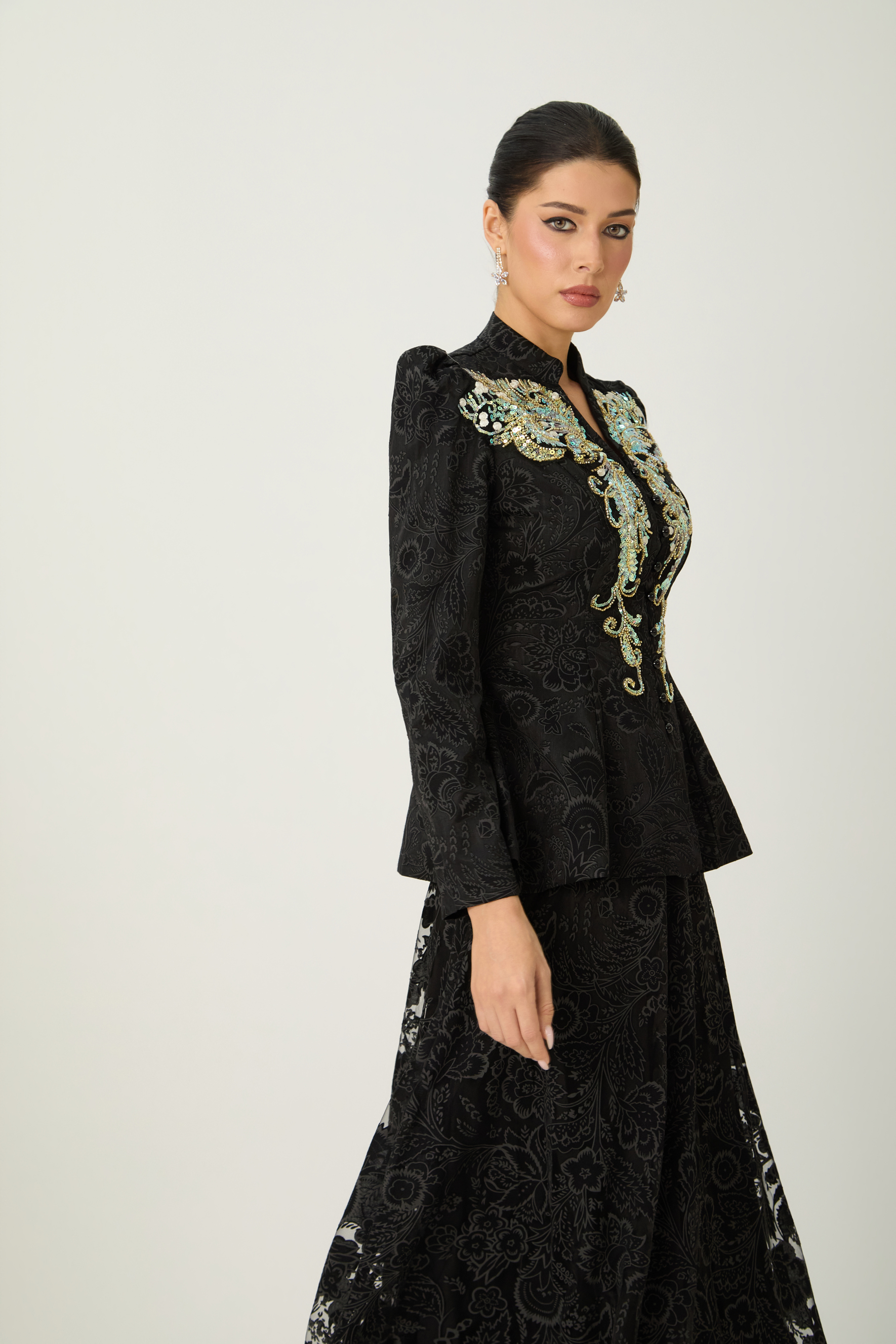 Found Your Love Black Sequin Embellished Jacket & Floral Lace Skirt Set