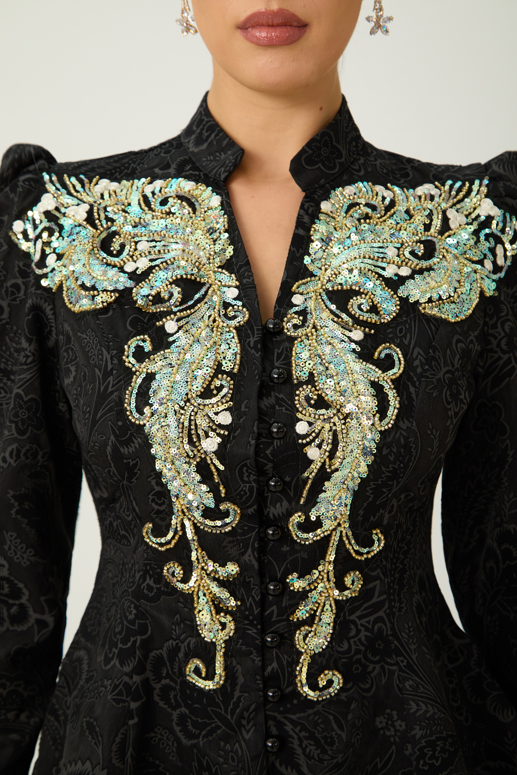 Found Your Love Black Sequin Embellished Jacket & Floral Lace Skirt Set