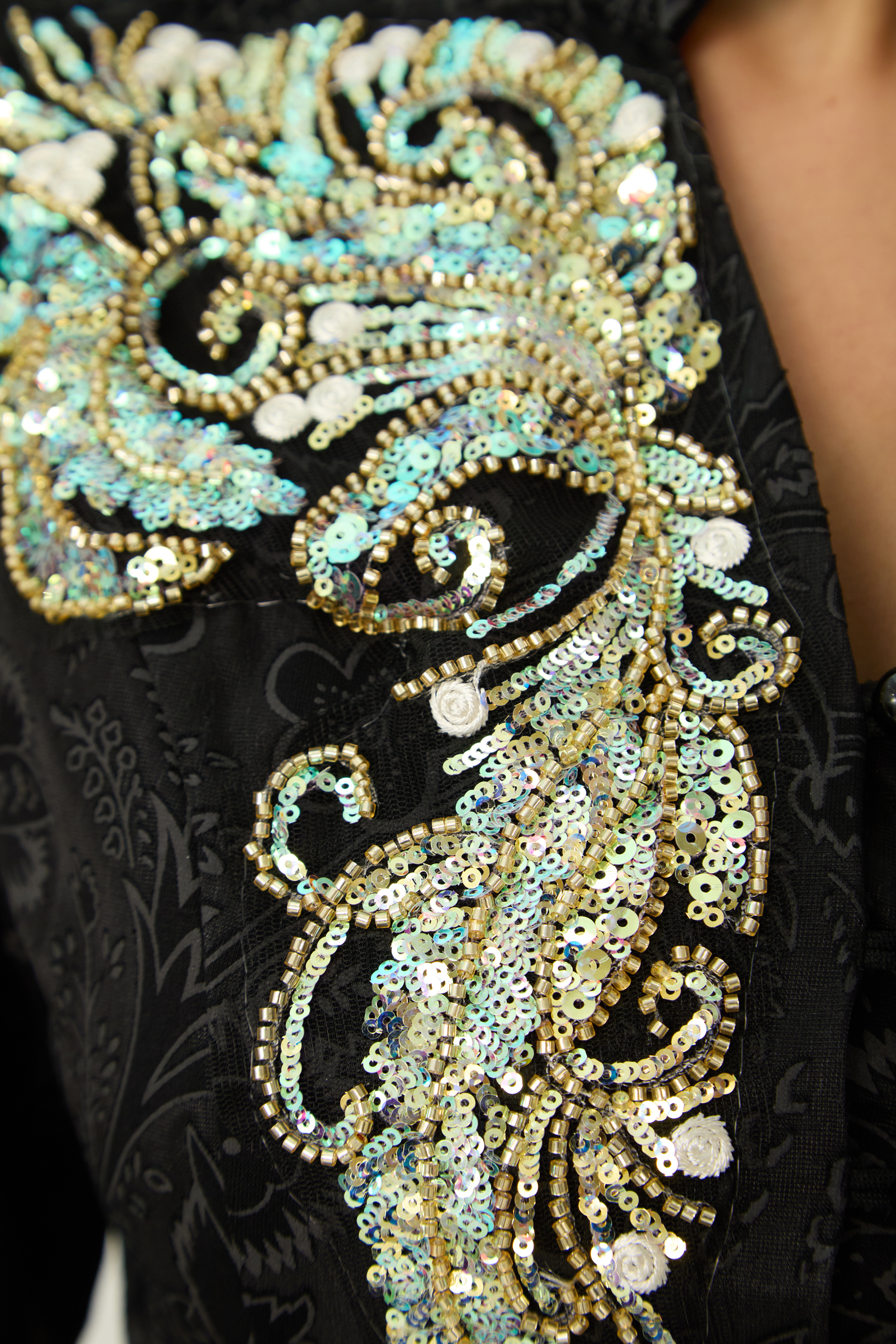 Found Your Love Black Sequin Embellished Jacket & Floral Lace Skirt Set