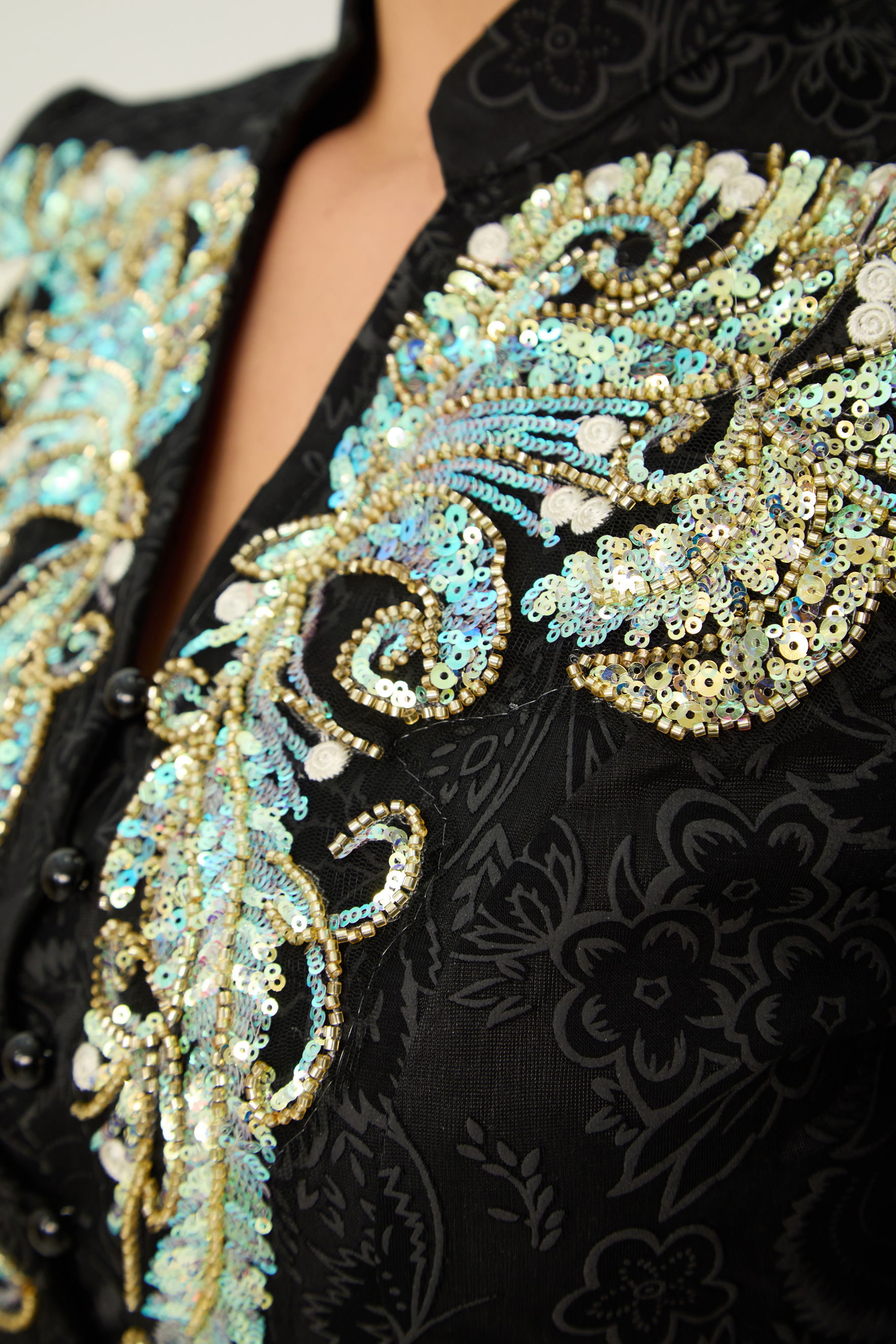 Found Your Love Black Sequin Embellished Jacket & Floral Lace Skirt Set