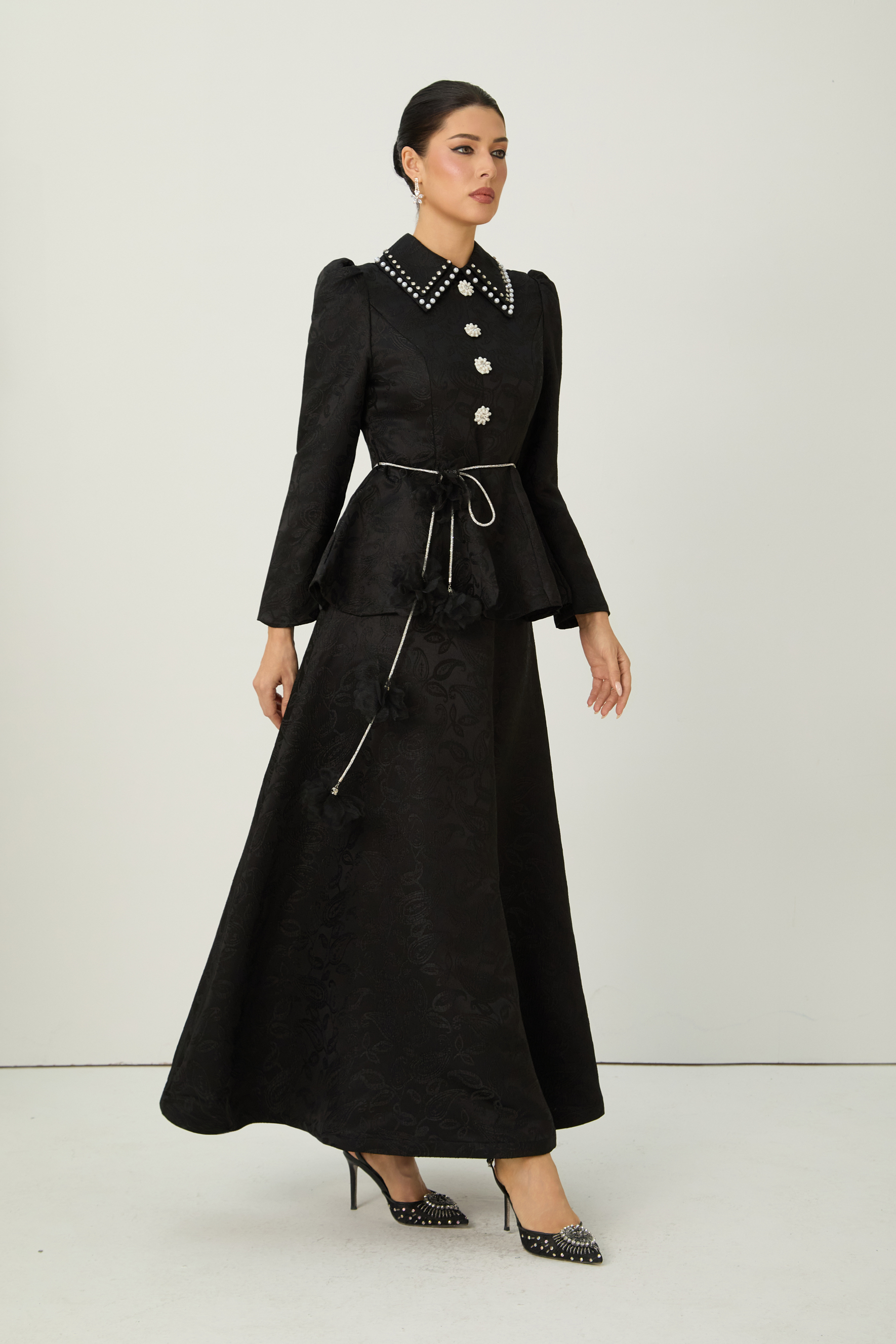 Romantically Speaking Black Pearl Embellished Collar Top & Skirt Set