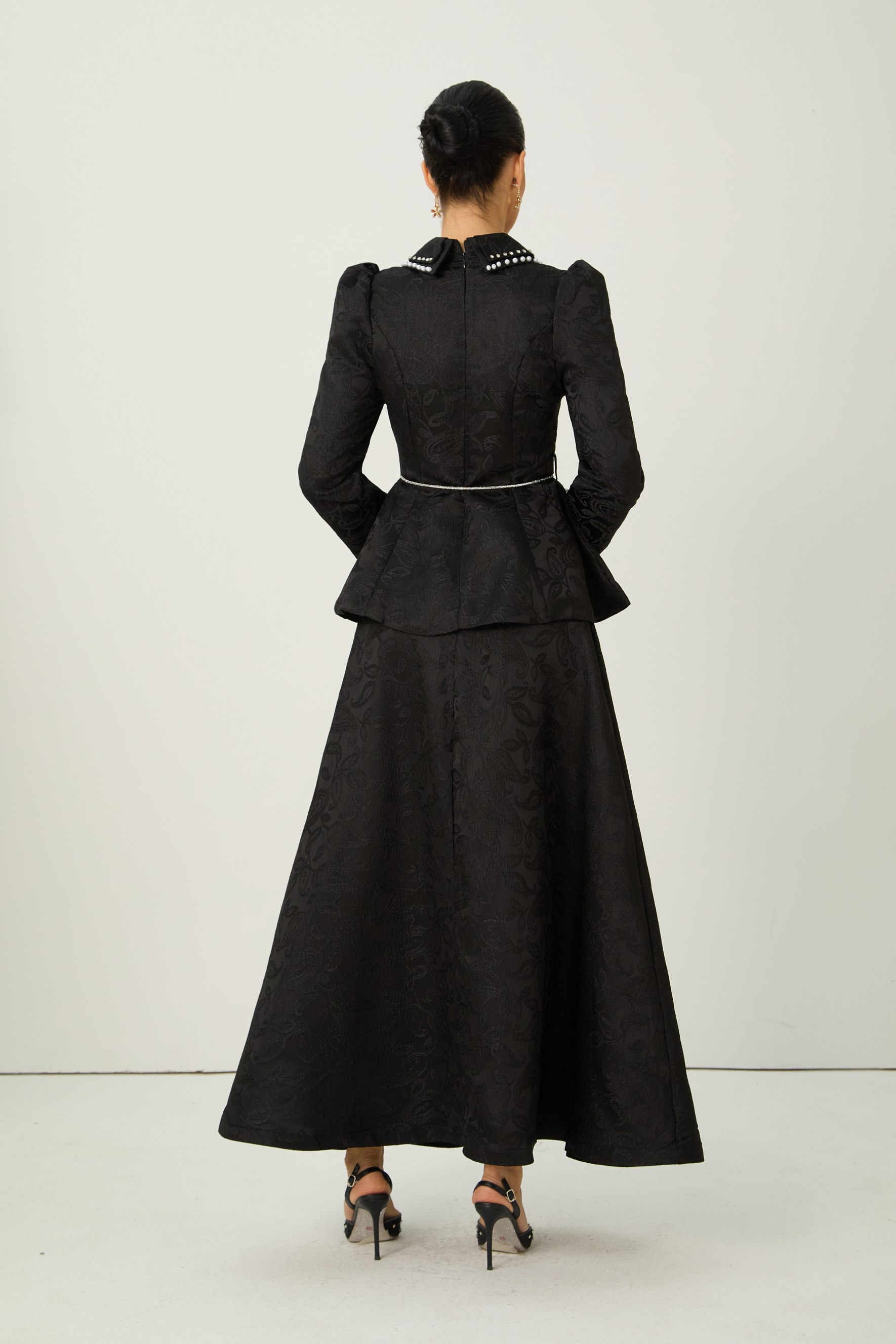 Romantically Speaking Black Pearl Embellished Collar Top & Skirt Set