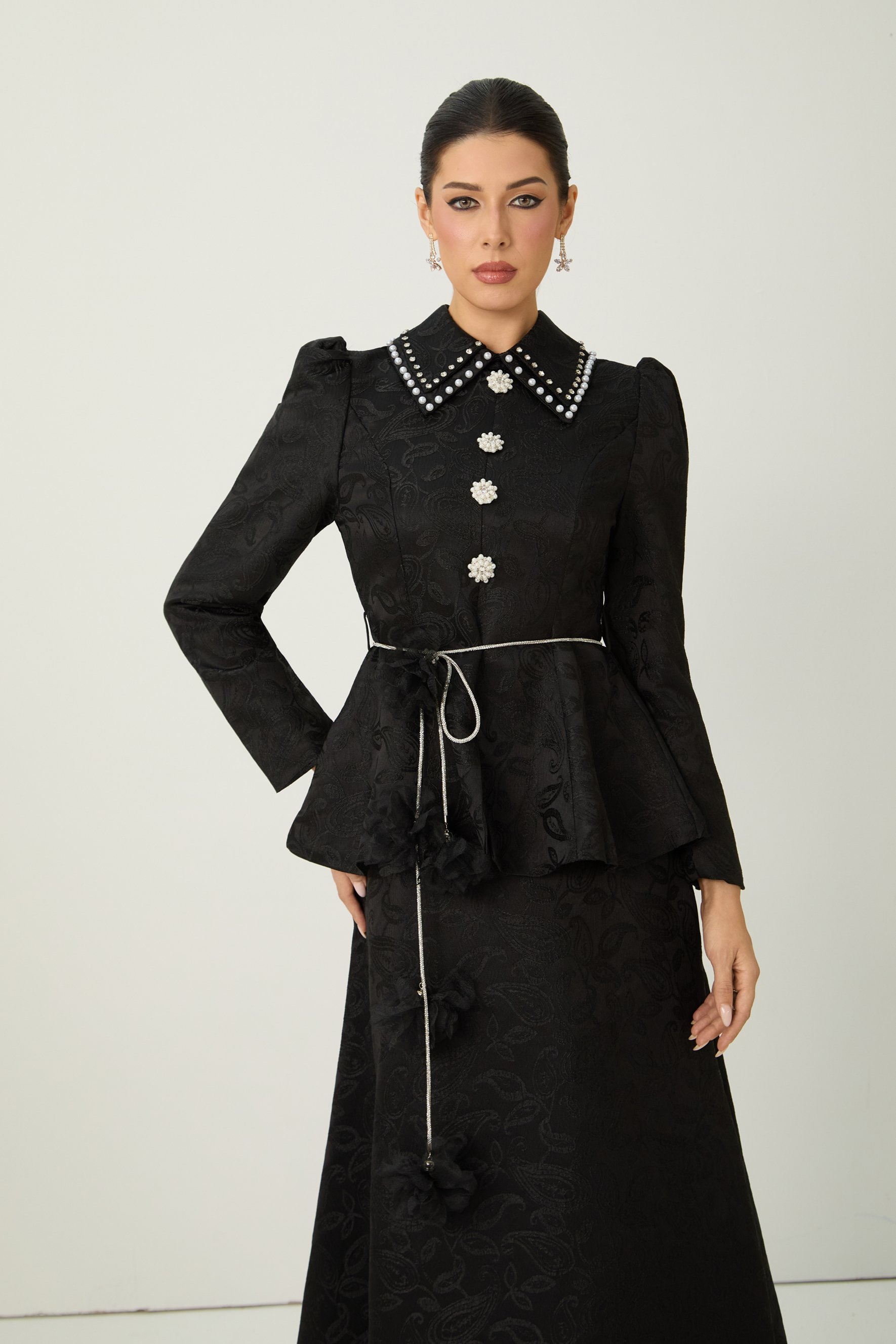 Romantically Speaking Black Pearl Embellished Collar Top & Skirt Set