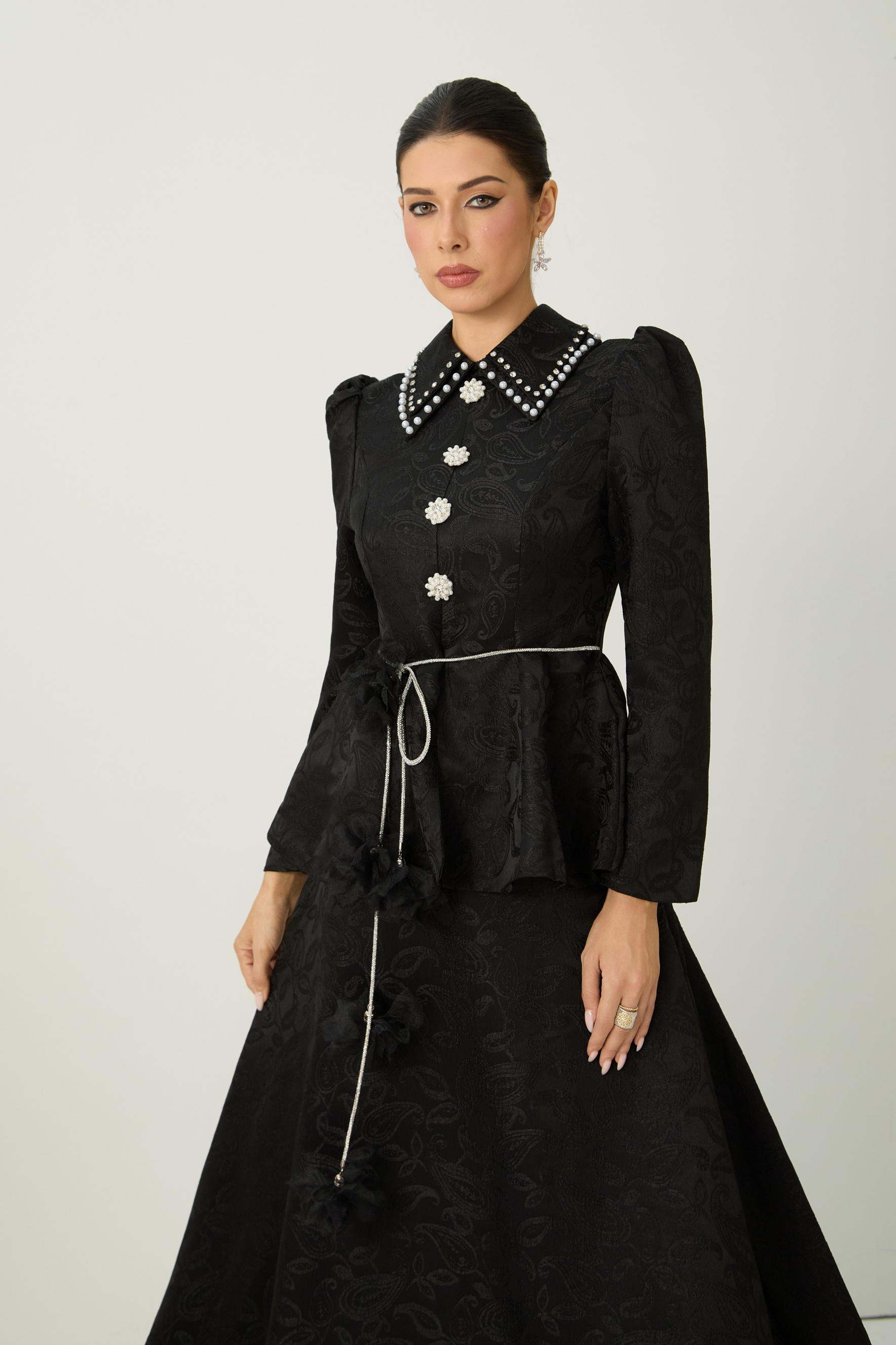 Romantically Speaking Black Pearl Embellished Collar Top & Skirt Set