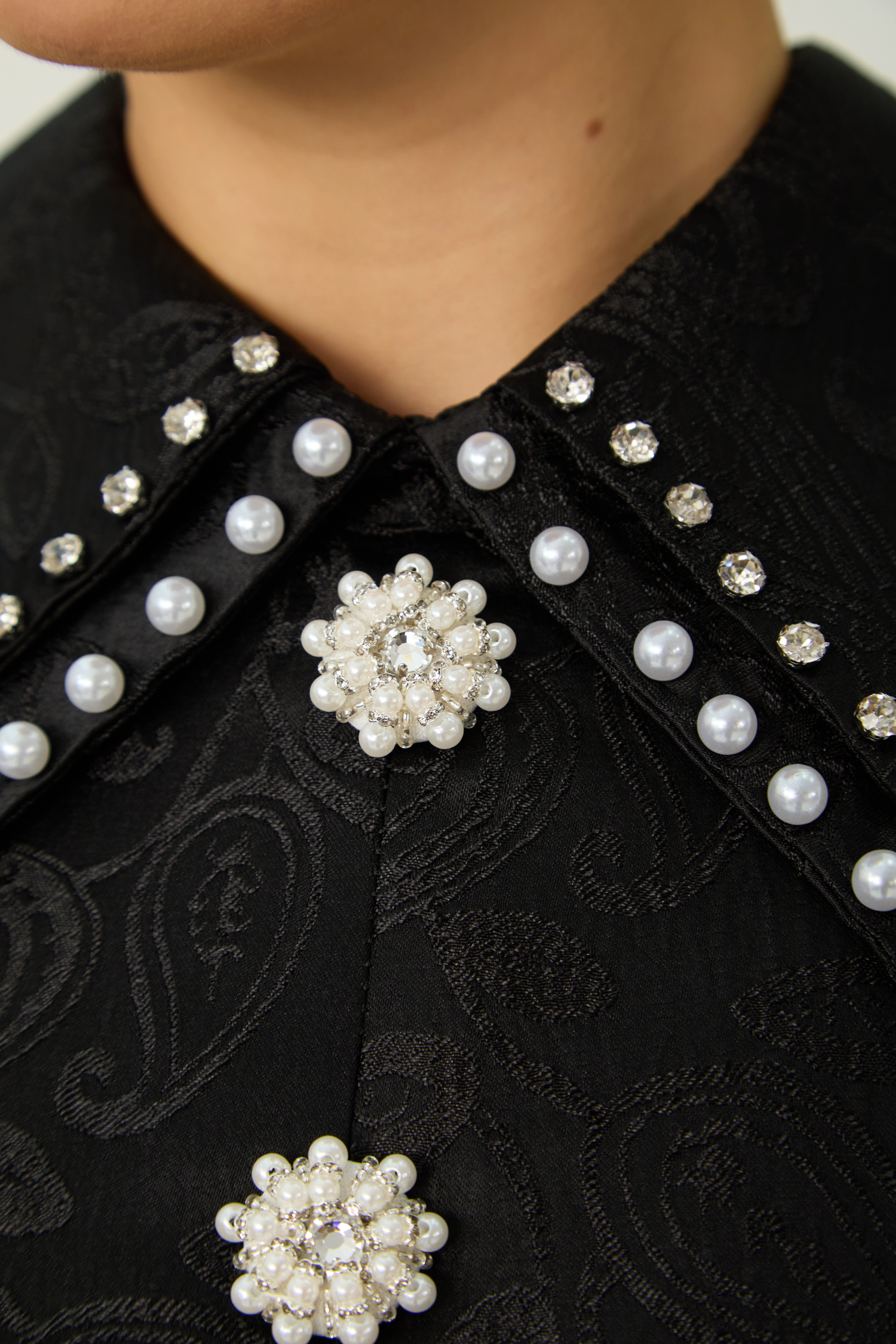 Romantically Speaking Black Pearl Embellished Collar Top & Skirt Set