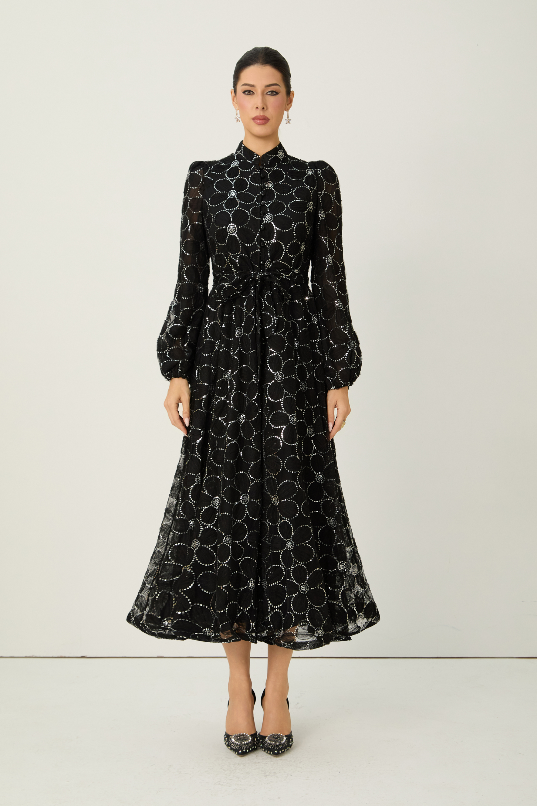 Charming Event Black Sequin Floral Embroidered Maxi Dress