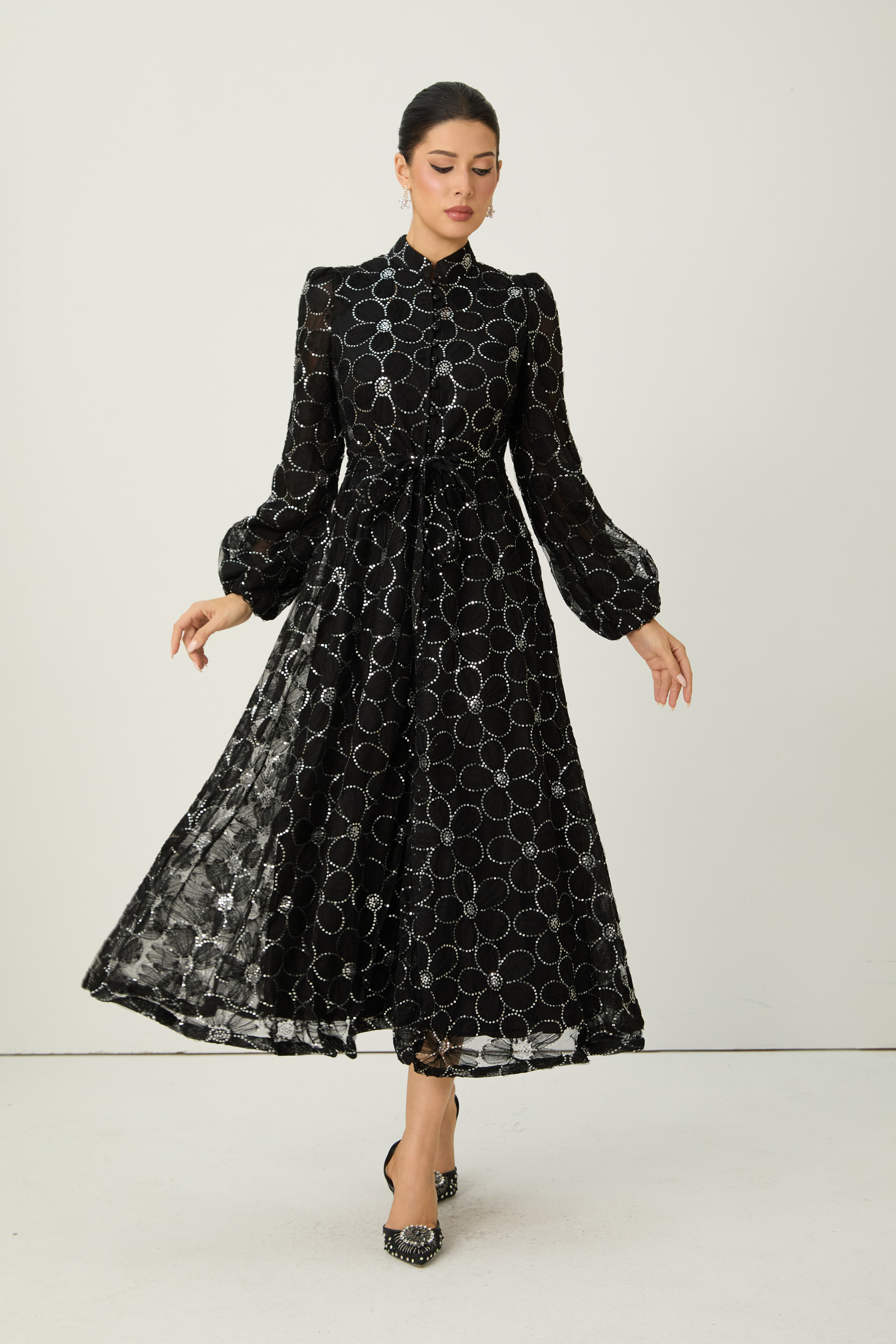 Charming Event Black Sequin Floral Embroidered Maxi Dress