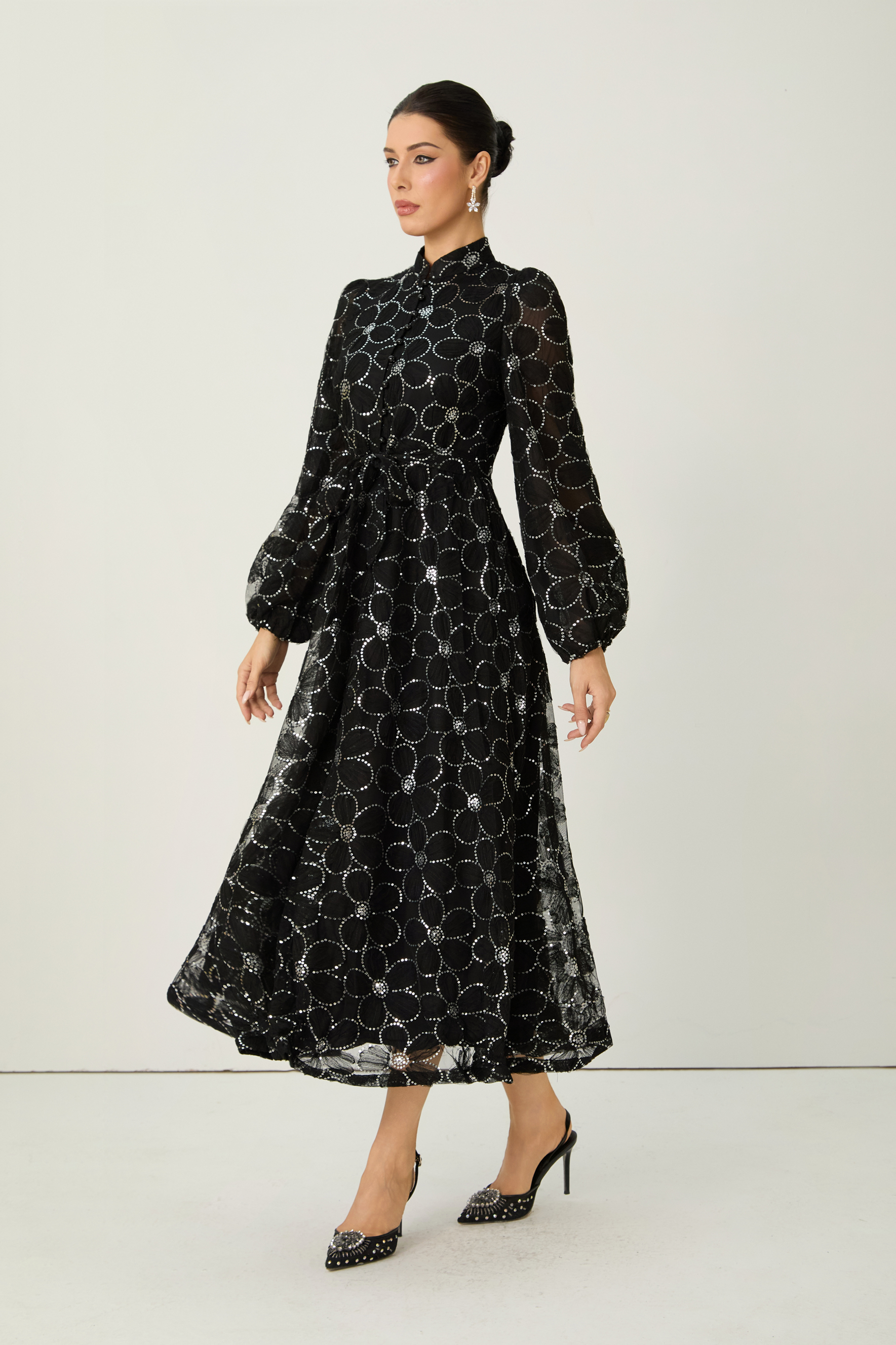 Charming Event Black Sequin Floral Embroidered Maxi Dress