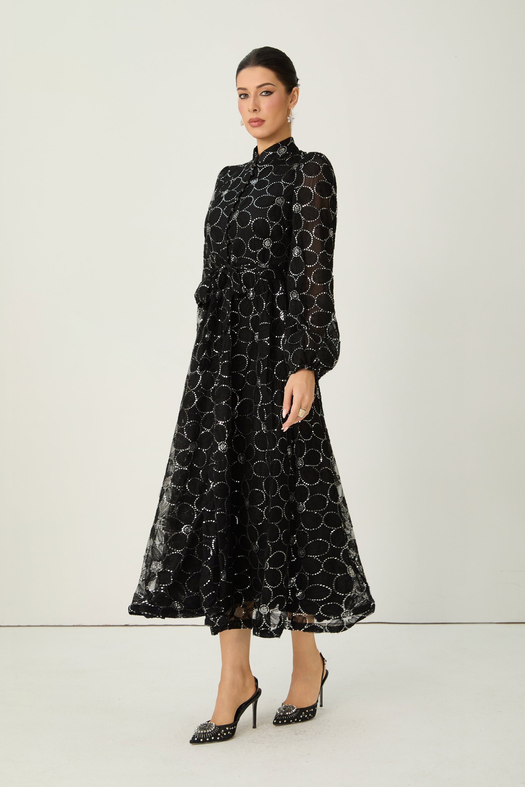 Charming Event Black Sequin Floral Embroidered Maxi Dress