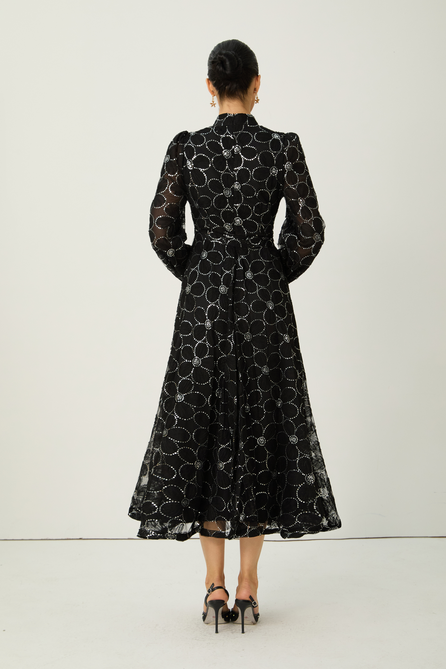 Charming Event Black Sequin Floral Embroidered Maxi Dress