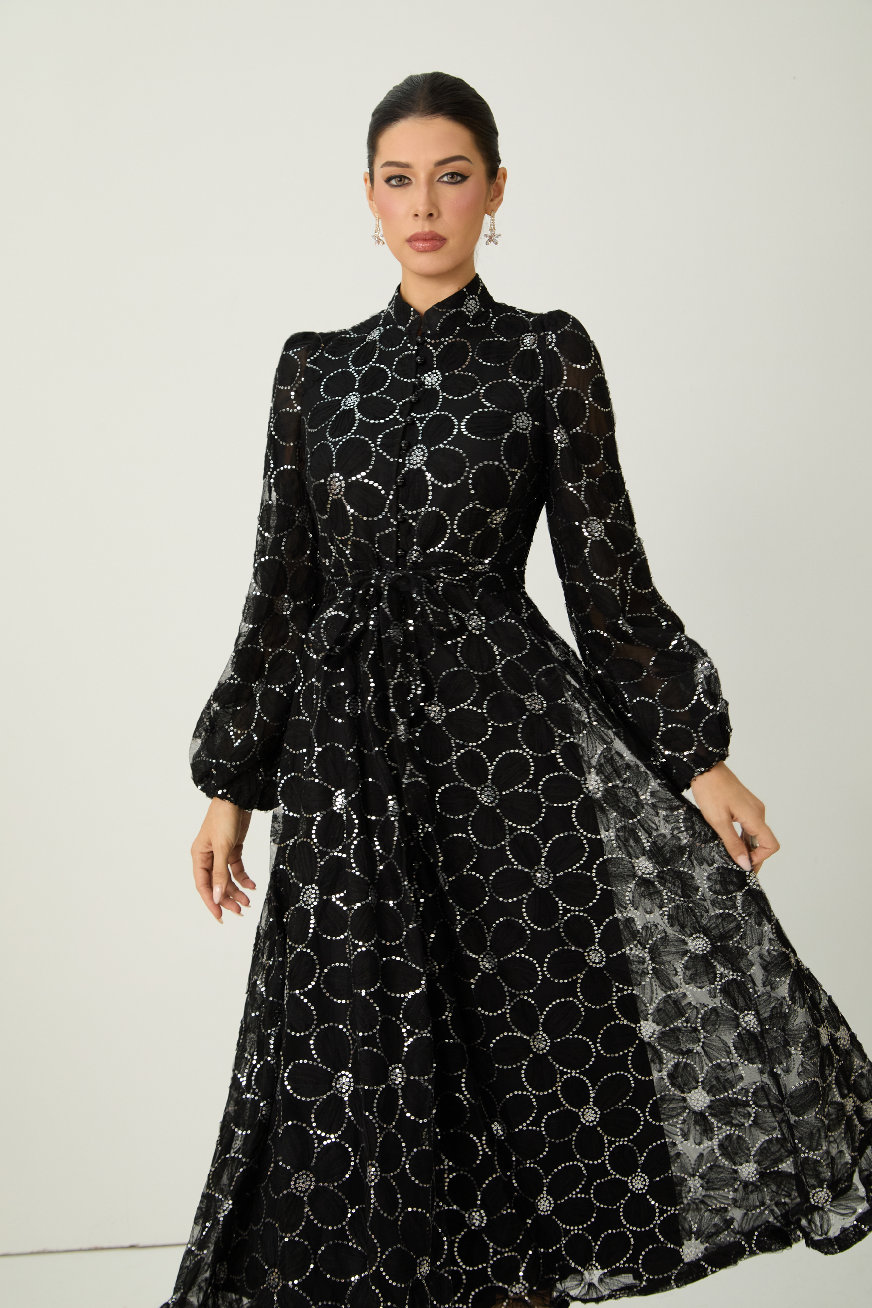 Charming Event Black Sequin Floral Embroidered Maxi Dress