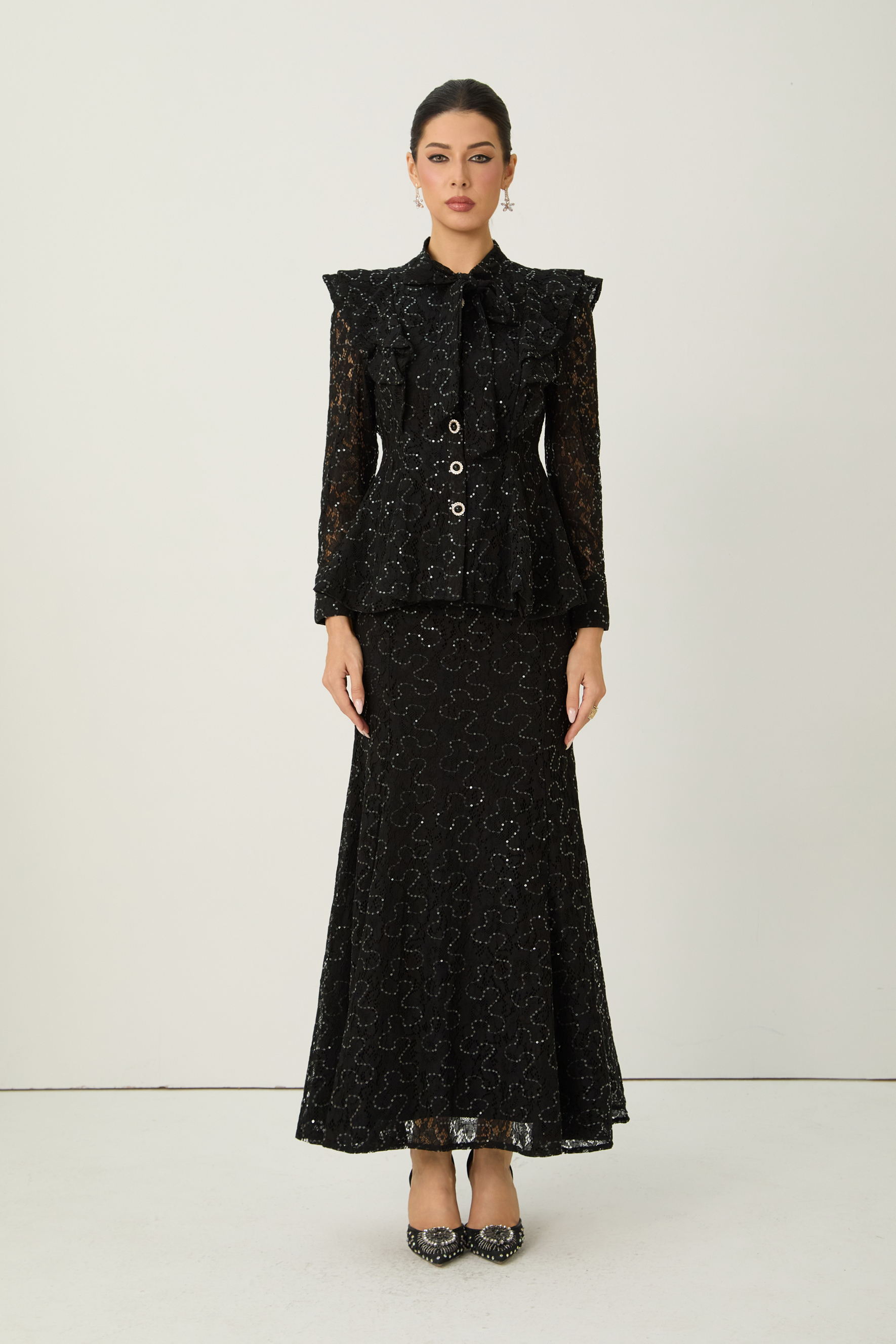 Moment Maker Black Embellished Lace Ruffle Shoulder Top & Skirt Set