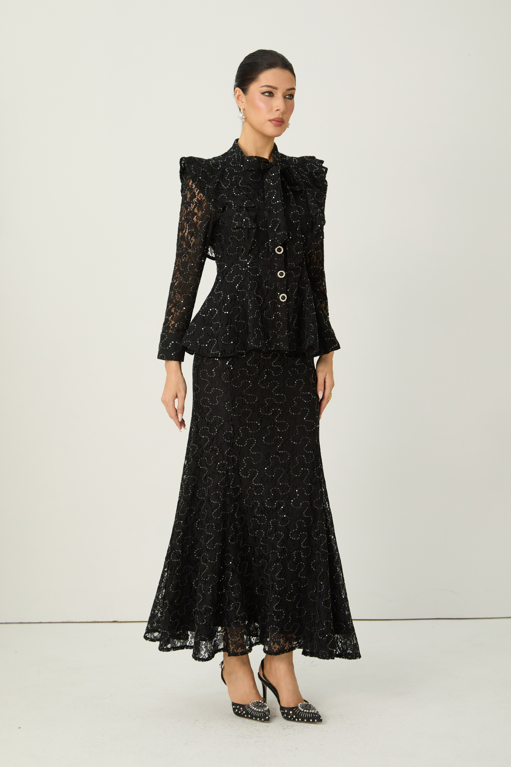 Moment Maker Black Embellished Lace Ruffle Shoulder Top & Skirt Set